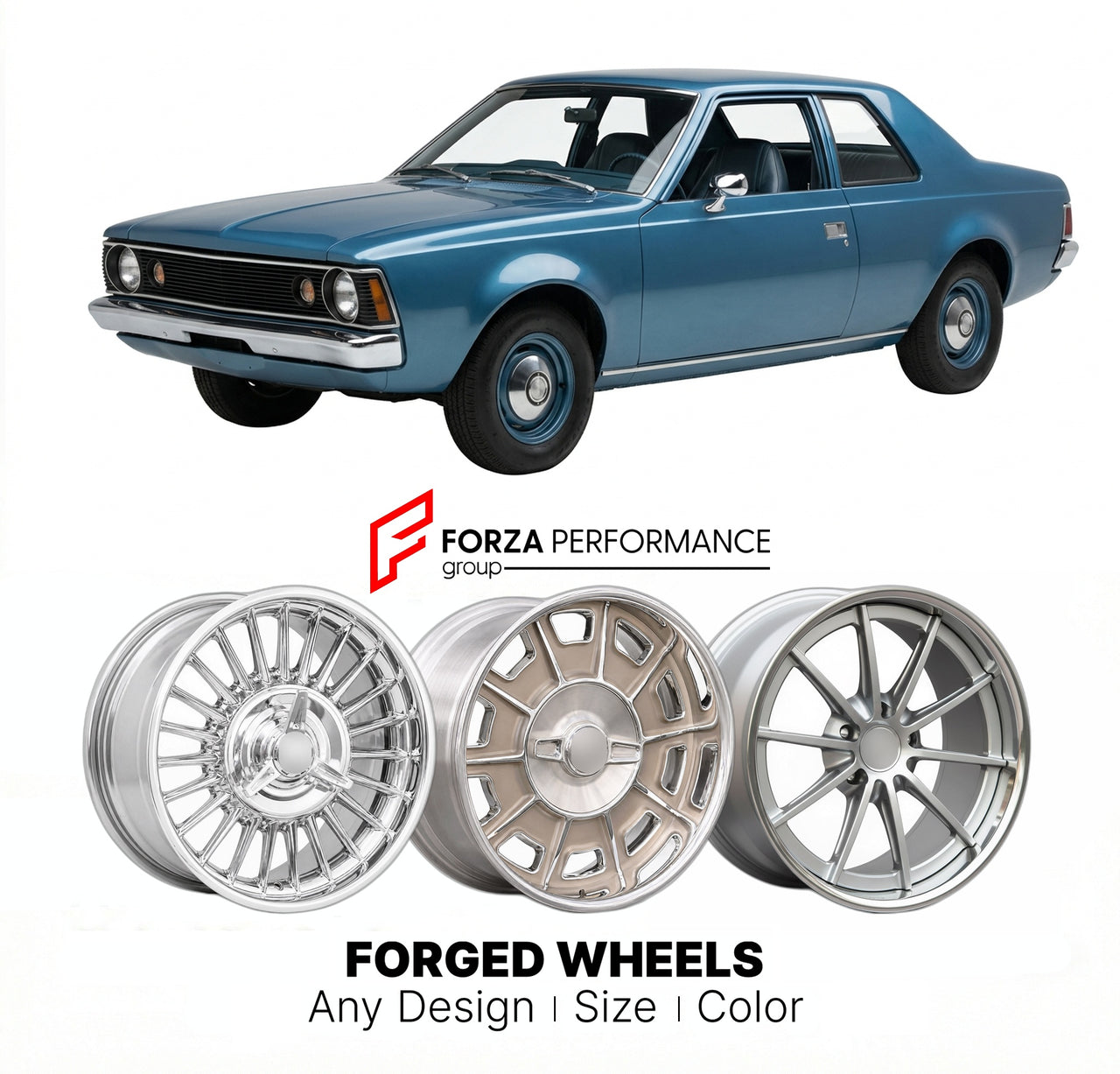 CUSTOM CLASSIC VINTAGE RESTOMOD RETRO OLD SCHOOL FORGED WHEELS RIMS for AMC HORNET 1970 - 1977
Custom forged wheels for classic American muscle cars. Ideal for restomod builds, vintage restorations, and show cars. Deep dish and retro styling available.

We manufacture premium quality forged wheels rims for AMC Hornet 1970 - 1977 in any design, size, color.

THIS WHEEL DESIGN CAN BE CUSTOM-MADE FOR YOUR CAR IN ANY SIZE AND COLOR OPTIONS
Available in monoblock, 2-piece, 3-piece, duoblock, beadlock
3D wheel re