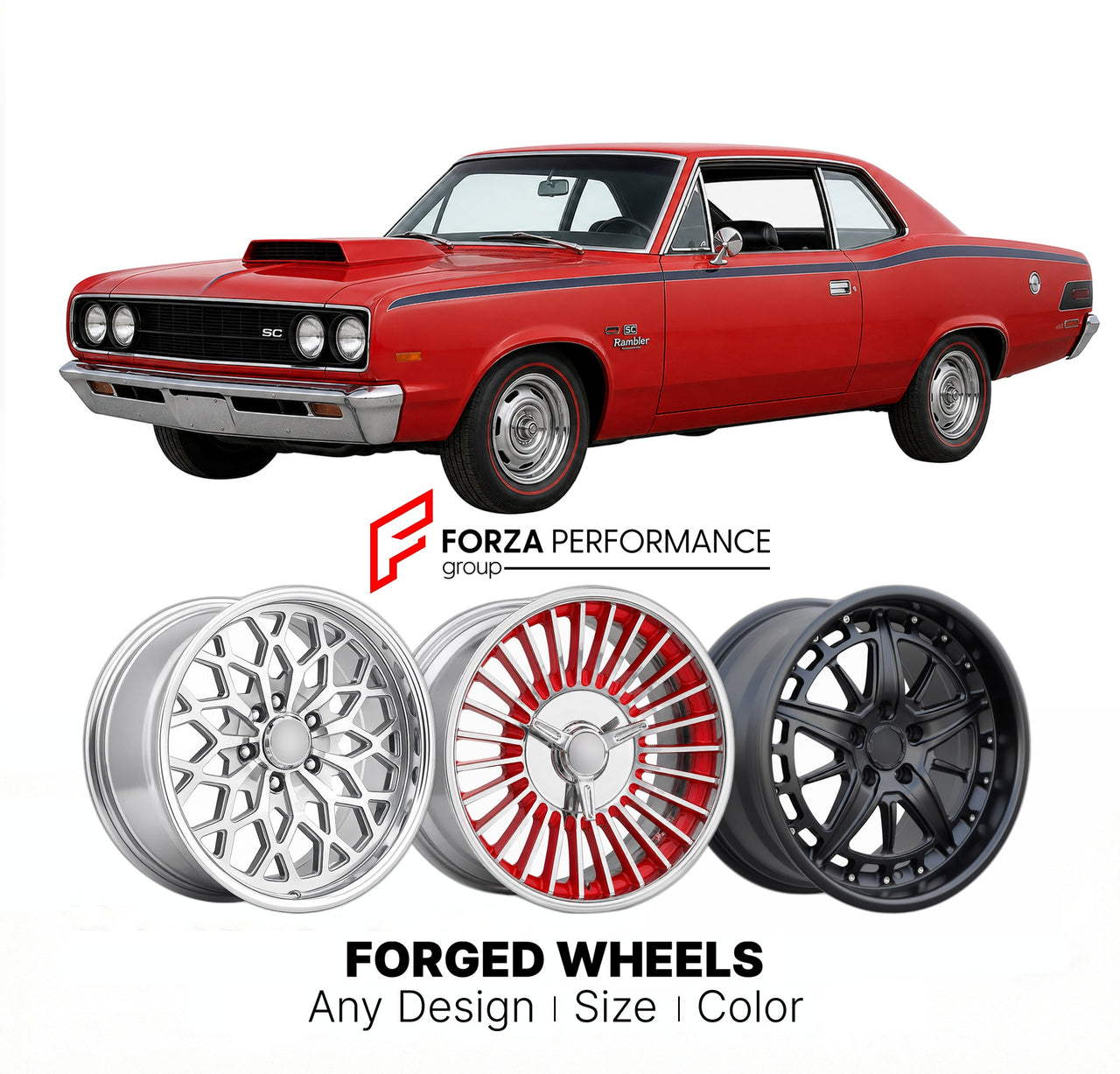 CUSTOM CLASSIC VINTAGE RESTOMOD RETRO OLD SCHOOL FORGED WHEELS RIMS for AMC HORNET SC/ RAMBLER 1969 - 1969
Custom forged wheels for classic American muscle cars. Ideal for restomod builds, vintage restorations, and show cars. Deep dish and retro styling available.

We manufacture premium quality forged wheels rims for AMC Hornet SC/ Rambler 1969 - 1969 in any design, size, color.

THIS WHEEL DESIGN CAN BE CUSTOM-MADE FOR YOUR CAR IN ANY SIZE AND COLOR OPTIONS
Available in monoblock, 2-piece, 3-piece, duoblo