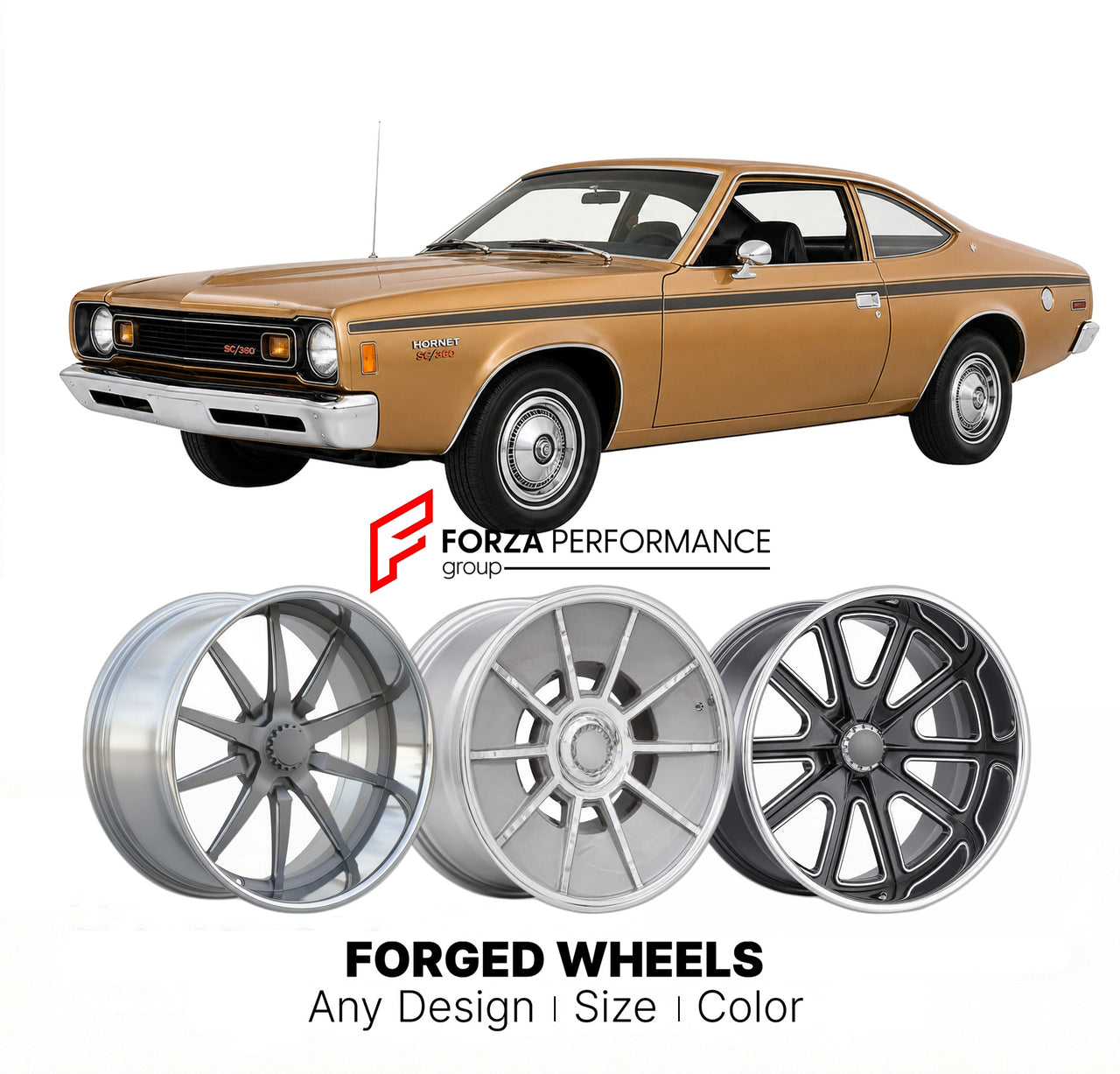 CUSTOM CLASSIC VINTAGE RESTOMOD RETRO OLD SCHOOL FORGED WHEELS RIMS for AMC HORNET SC 360 1971 - 1971
Custom forged wheels for classic American muscle cars. Ideal for restomod builds, vintage restorations, and show cars. Deep dish and retro styling available.

We manufacture premium quality forged wheels rims for AMC Hornet SC 360 1971 - 1971 in any design, size, color.

THIS WHEEL DESIGN CAN BE CUSTOM-MADE FOR YOUR CAR IN ANY SIZE AND COLOR OPTIONS
Available in monoblock, 2-piece, 3-piece, duoblock, beadlo