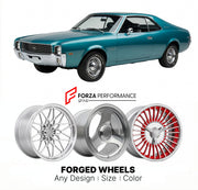 CUSTOM CLASSIC VINTAGE RESTOMOD RETRO OLD SCHOOL FORGED WHEELS RIMS for AMC JAVELIN 1967 - 1974
Custom forged wheels for classic American muscle cars. Ideal for restomod builds, vintage restorations, and show cars. Deep dish and retro styling available.

We manufacture premium quality forged wheels rims for AMC Javelin 1967 - 1974 in any design, size, color.

THIS WHEEL DESIGN CAN BE CUSTOM-MADE FOR YOUR CAR IN ANY SIZE AND COLOR OPTIONS
Available in monoblock, 2-piece, 3-piece, duoblock, beadlock
3D wheel 