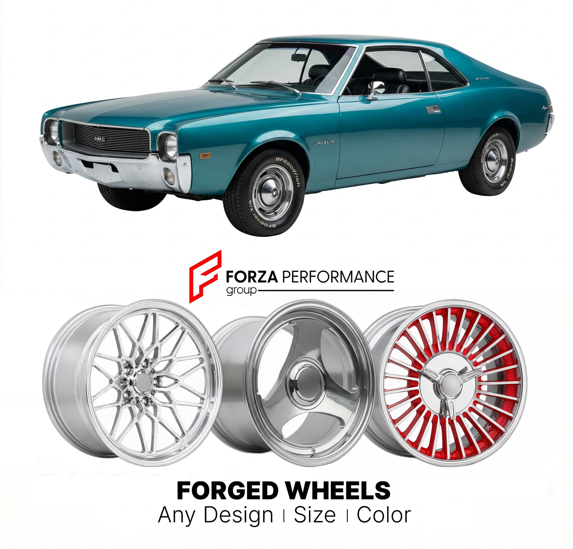 CUSTOM CLASSIC VINTAGE RESTOMOD RETRO OLD SCHOOL FORGED WHEELS RIMS for AMC JAVELIN 1967 - 1974
Custom forged wheels for classic American muscle cars. Ideal for restomod builds, vintage restorations, and show cars. Deep dish and retro styling available.

We manufacture premium quality forged wheels rims for AMC Javelin 1967 - 1974 in any design, size, color.

THIS WHEEL DESIGN CAN BE CUSTOM-MADE FOR YOUR CAR IN ANY SIZE AND COLOR OPTIONS
Available in monoblock, 2-piece, 3-piece, duoblock, beadlock
3D wheel 