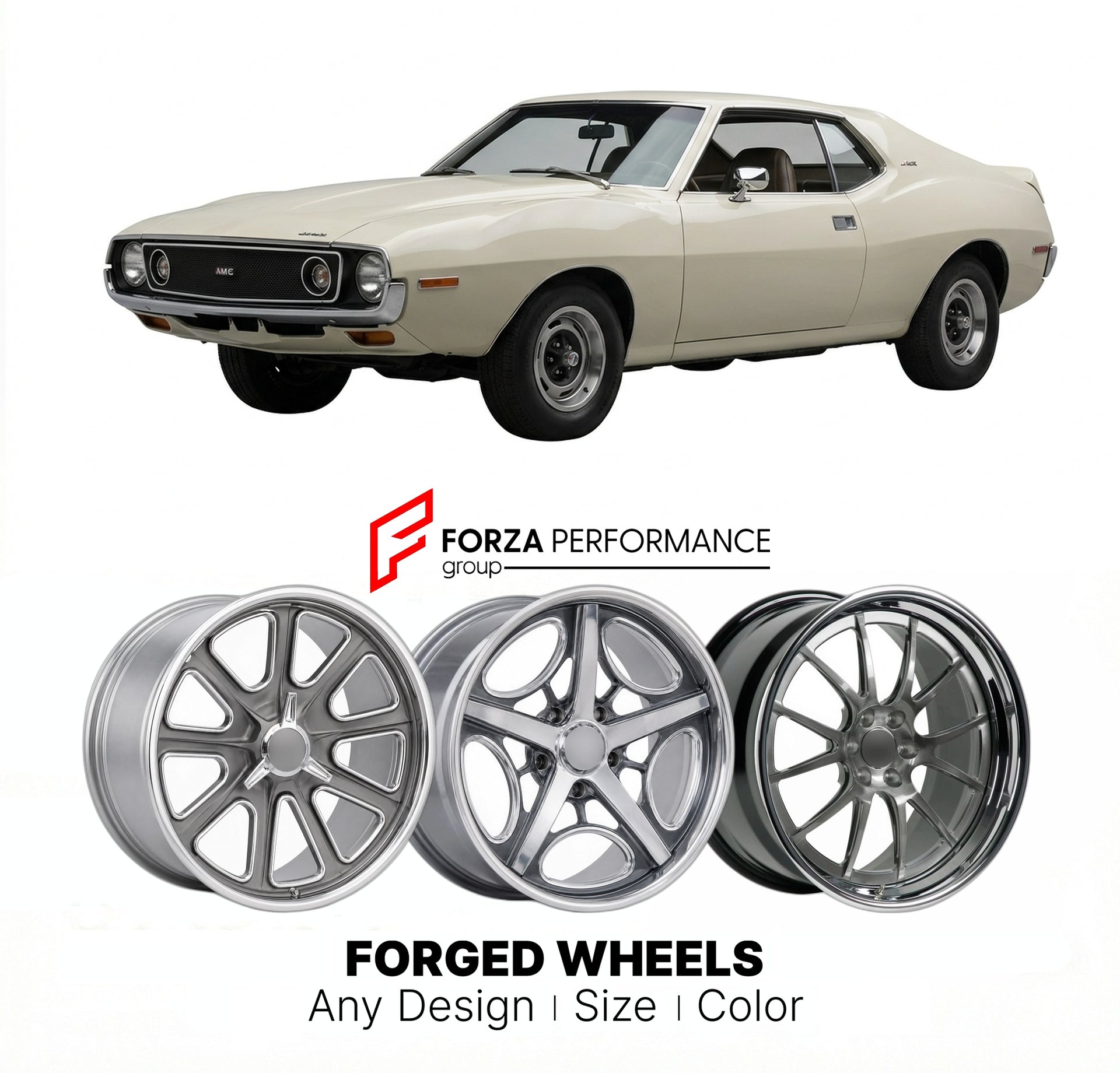 CUSTOM CLASSIC VINTAGE RESTOMOD RETRO OLD SCHOOL FORGED WHEELS RIMS for AMC JAVELIN AMX 401 1971 - 1974
Custom forged wheels for classic American muscle cars. Ideal for restomod builds, vintage restorations, and show cars. Deep dish and retro styling available.

We manufacture premium quality forged wheels rims for AMC Javelin AMX 401 1971 - 1974 in any design, size, color.

THIS WHEEL DESIGN CAN BE CUSTOM-MADE FOR YOUR CAR IN ANY SIZE AND COLOR OPTIONS
Available in monoblock, 2-piece, 3-piece, duoblock, be