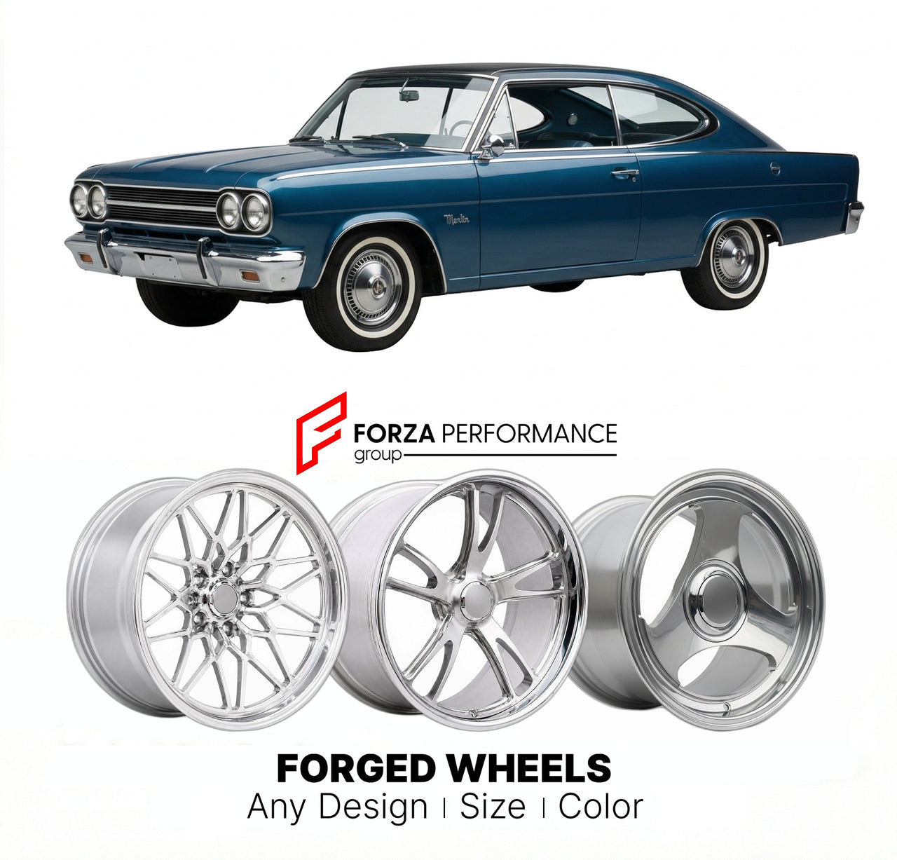CUSTOM CLASSIC VINTAGE RESTOMOD RETRO OLD SCHOOL FORGED WHEELS RIMS for AMC MARLIN 1965 - 1967
Custom forged wheels for classic American muscle cars. Ideal for restomod builds, vintage restorations, and show cars. Deep dish and retro styling available.

We manufacture premium quality forged wheels rims for AMC Marlin 1965 - 1967 in any design, size, color.

THIS WHEEL DESIGN CAN BE CUSTOM-MADE FOR YOUR CAR IN ANY SIZE AND COLOR OPTIONS
Available in monoblock, 2-piece, 3-piece, duoblock, beadlock
3D wheel re