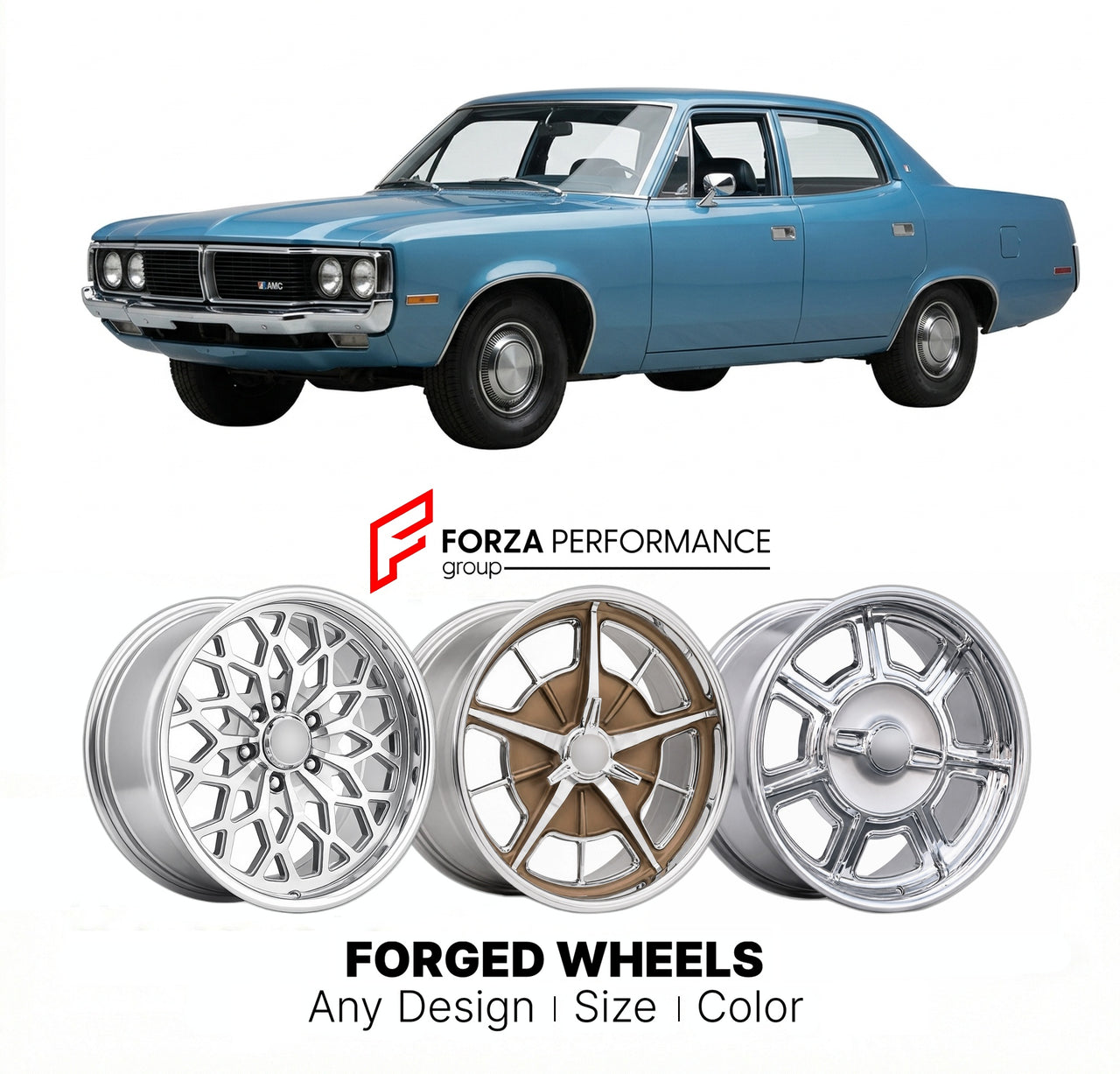 CUSTOM CLASSIC VINTAGE RESTOMOD RETRO OLD SCHOOL FORGED WHEELS RIMS for AMC MATADOR 1971 - 1978
Custom forged wheels for classic American muscle cars. Ideal for restomod builds, vintage restorations, and show cars. Deep dish and retro styling available.

We manufacture premium quality forged wheels rims for AMC Matador 1971 - 1978 in any design, size, color.

THIS WHEEL DESIGN CAN BE CUSTOM-MADE FOR YOUR CAR IN ANY SIZE AND COLOR OPTIONS
Available in monoblock, 2-piece, 3-piece, duoblock, beadlock
3D wheel 