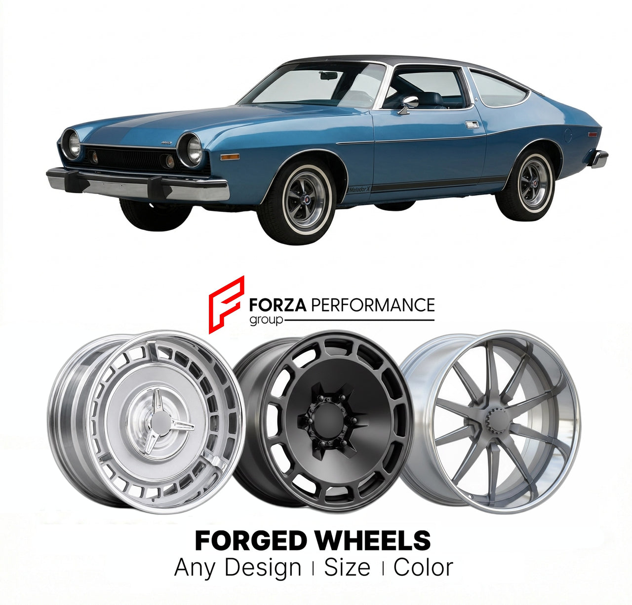 CUSTOM CLASSIC VINTAGE RESTOMOD RETRO OLD SCHOOL FORGED WHEELS RIMS for AMC MATADOR X 1974 - 1975
Custom forged wheels for classic American muscle cars. Ideal for restomod builds, vintage restorations, and show cars. Deep dish and retro styling available.

We manufacture premium quality forged wheels rims for AMC Matador X 1974 - 1975 in any design, size, color.

THIS WHEEL DESIGN CAN BE CUSTOM-MADE FOR YOUR CAR IN ANY SIZE AND COLOR OPTIONS
Available in monoblock, 2-piece, 3-piece, duoblock, beadlock
3D wh
