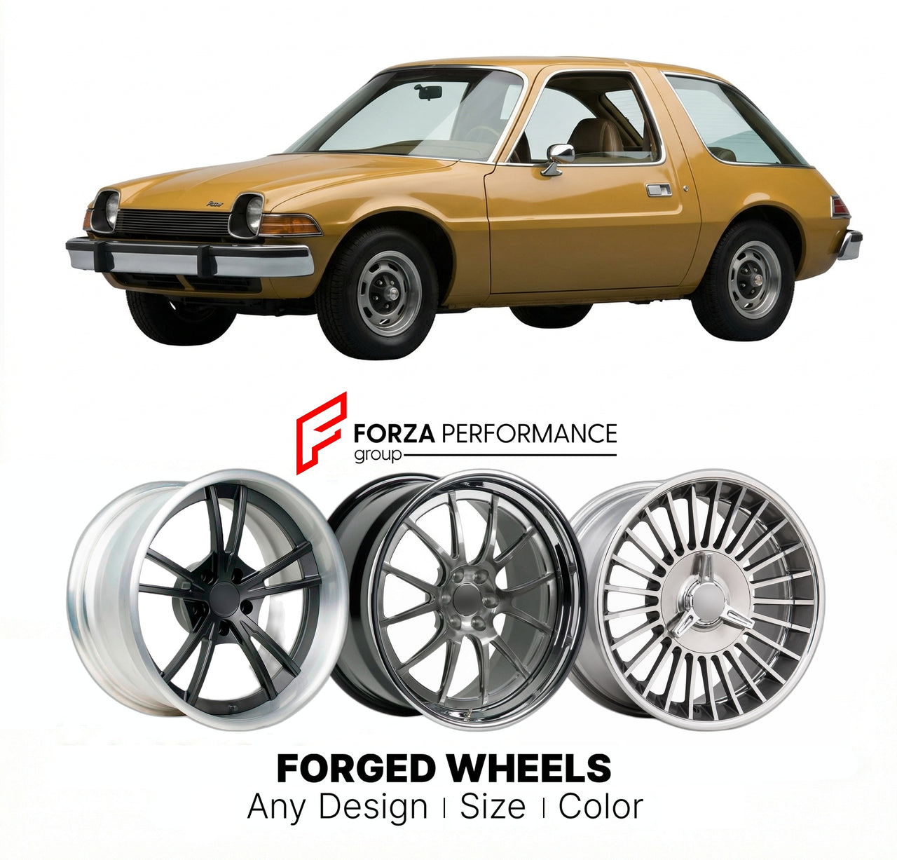 CUSTOM CLASSIC VINTAGE RESTOMOD RETRO OLD SCHOOL FORGED WHEELS RIMS for AMC PACER 1975 - 1980
Custom forged wheels for classic American muscle cars. Ideal for restomod builds, vintage restorations, and show cars. Deep dish and retro styling available.

We manufacture premium quality forged wheels rims for AMC Pacer 1975 - 1980 in any design, size, color.

THIS WHEEL DESIGN CAN BE CUSTOM-MADE FOR YOUR CAR IN ANY SIZE AND COLOR OPTIONS
Available in monoblock, 2-piece, 3-piece, duoblock, beadlock
3D wheel rend