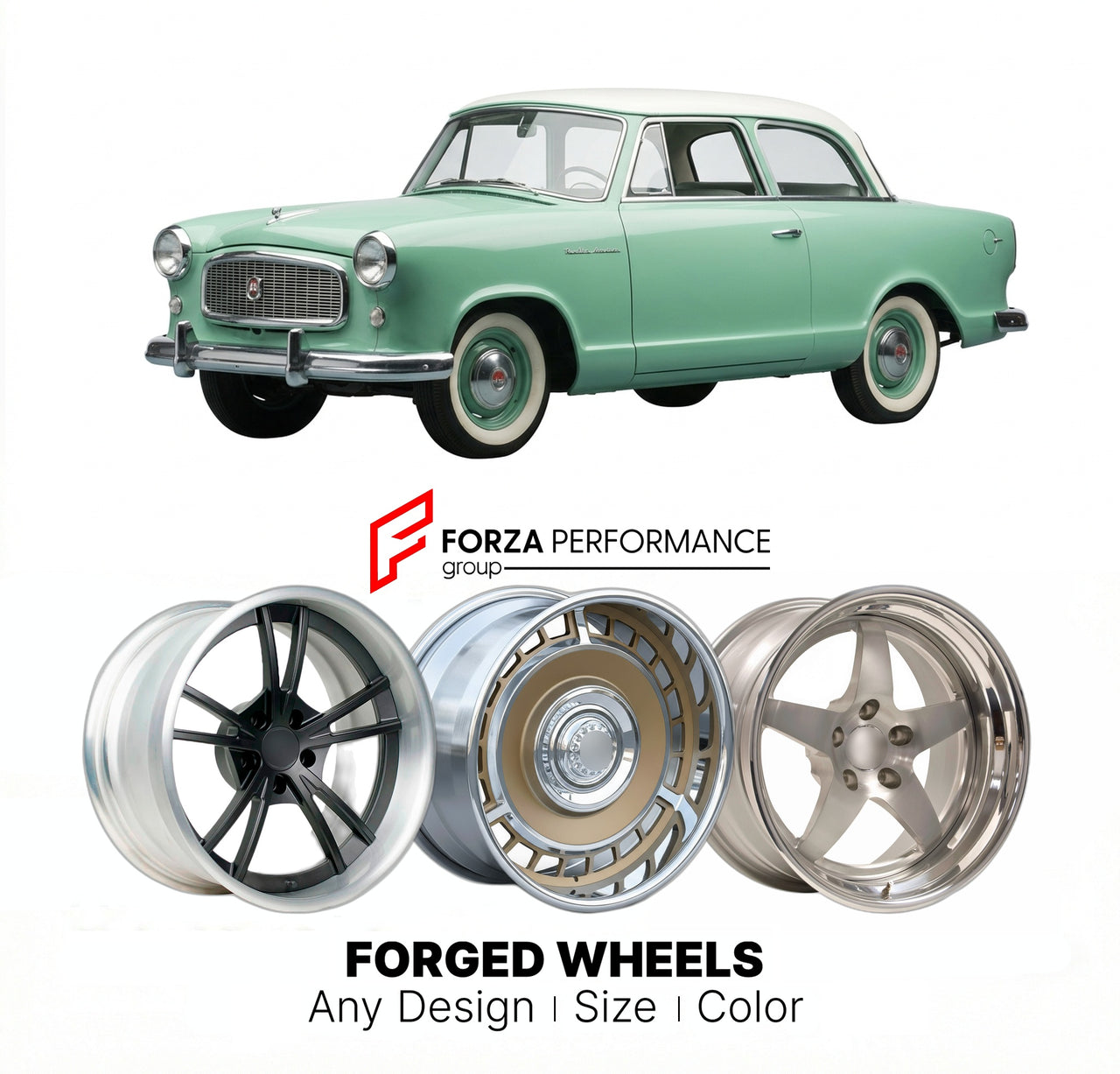 CUSTOM CLASSIC VINTAGE RESTOMOD RETRO OLD SCHOOL FORGED WHEELS RIMS for AMC RAMBLER AMERICAN 1958 - 1969
Custom forged wheels for classic American muscle cars. Ideal for restomod builds, vintage restorations, and show cars. Deep dish and retro styling available.

We manufacture premium quality forged wheels rims for AMC Rambler American 1958 - 1969 in any design, size, color.

THIS WHEEL DESIGN CAN BE CUSTOM-MADE FOR YOUR CAR IN ANY SIZE AND COLOR OPTIONS
Available in monoblock, 2-piece, 3-piece, duoblock, 