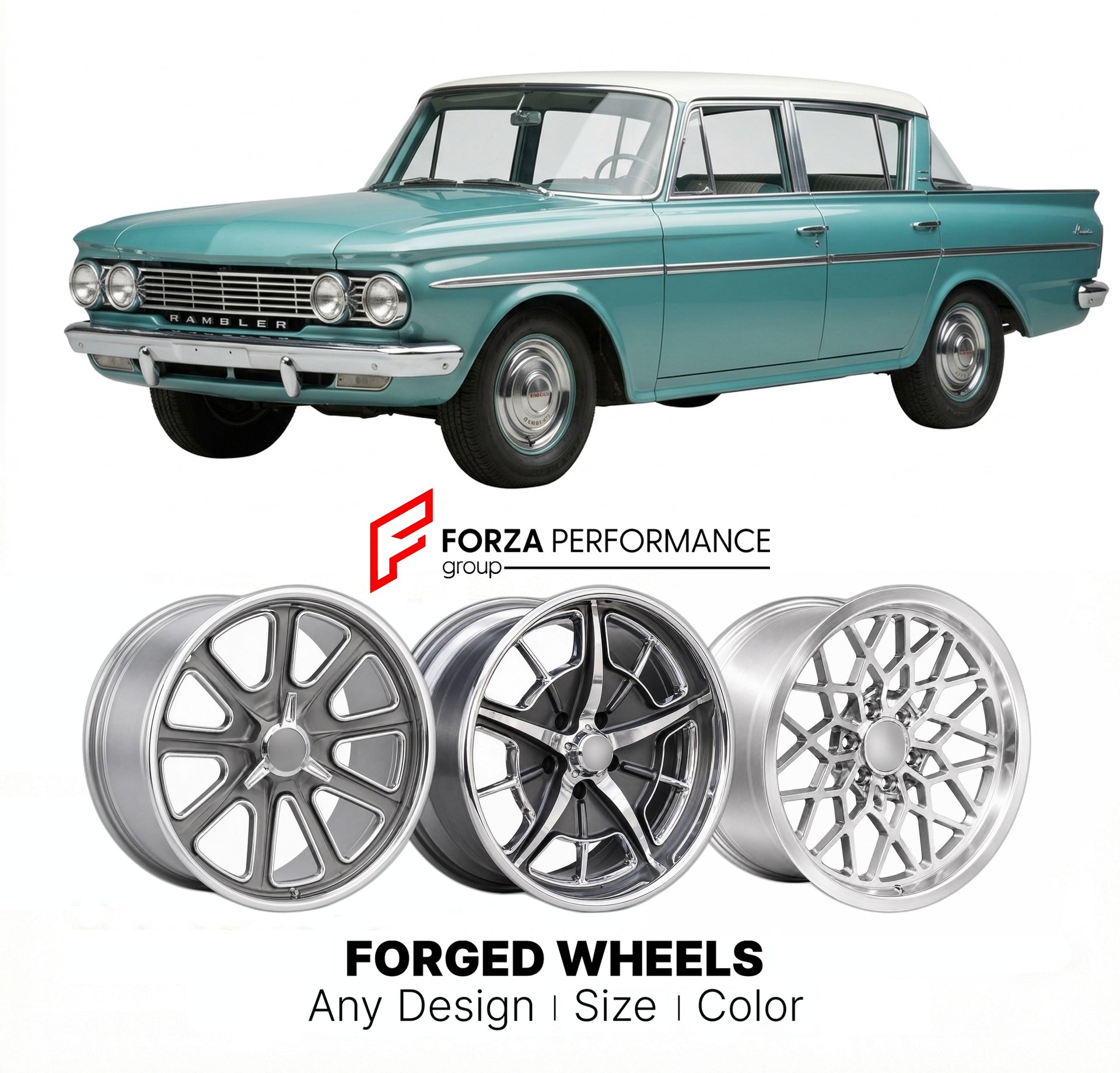 CUSTOM CLASSIC VINTAGE RESTOMOD RETRO OLD SCHOOL FORGED WHEELS RIMS for AMC RAMBLER CLASSIC 1961 - 1964
Custom forged wheels for classic American muscle cars. Ideal for restomod builds, vintage restorations, and show cars. Deep dish and retro styling available.

We manufacture premium quality forged wheels rims for AMC Rambler Classic 1961 - 1964 in any design, size, color.

THIS WHEEL DESIGN CAN BE CUSTOM-MADE FOR YOUR CAR IN ANY SIZE AND COLOR OPTIONS
Available in monoblock, 2-piece, 3-piece, duoblock, be