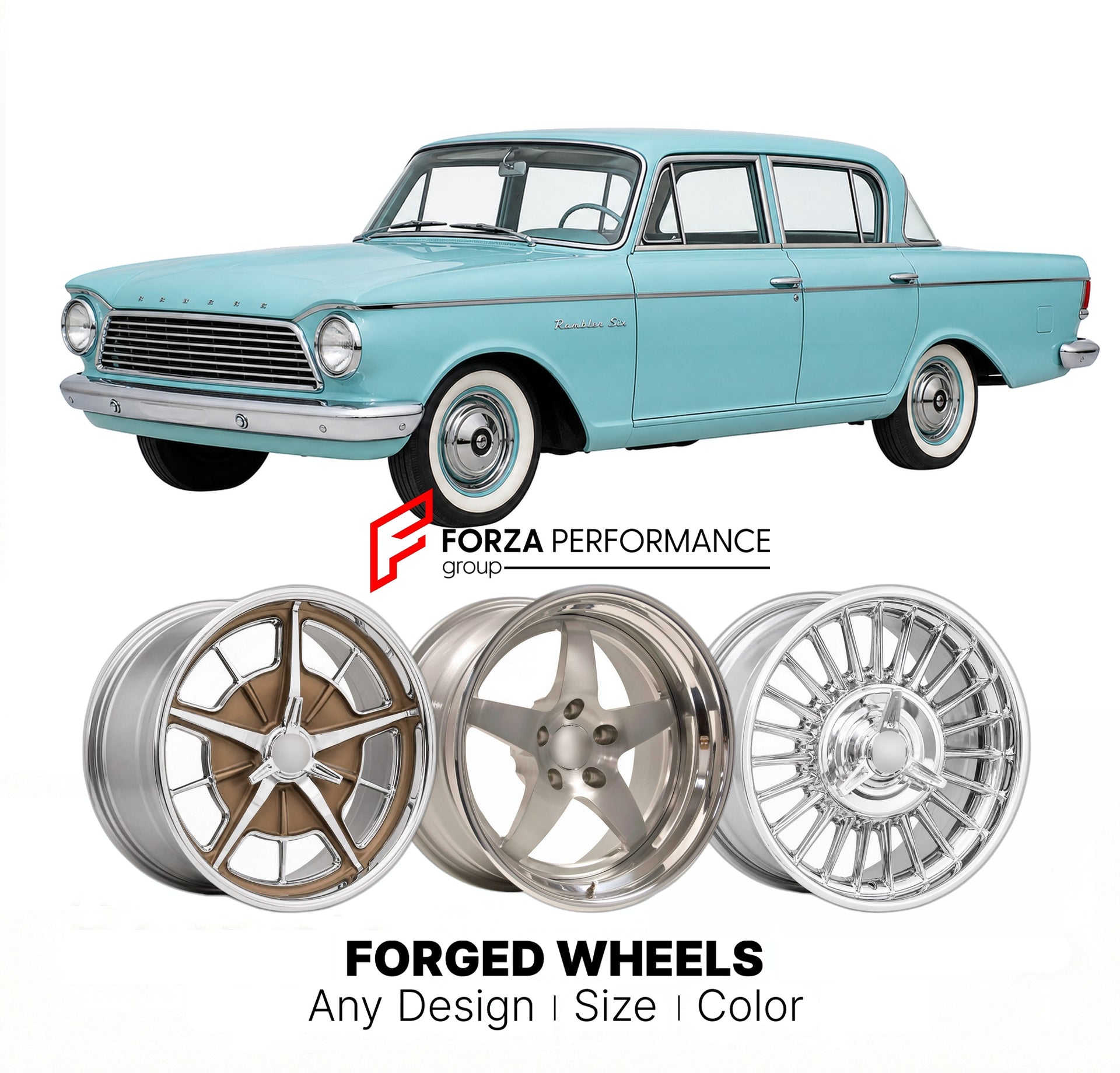 CUSTOM CLASSIC VINTAGE RESTOMOD RETRO OLD SCHOOL FORGED WHEELS RIMS for AMC RAMBLER SIX 1958 - 1960
Custom forged wheels for classic American muscle cars. Ideal for restomod builds, vintage restorations, and show cars. Deep dish and retro styling available.

We manufacture premium quality forged wheels rims for AMC Rambler Six 1958 - 1960 in any design, size, color.

THIS WHEEL DESIGN CAN BE CUSTOM-MADE FOR YOUR CAR IN ANY SIZE AND COLOR OPTIONS
Available in monoblock, 2-piece, 3-piece, duoblock, beadlock
3