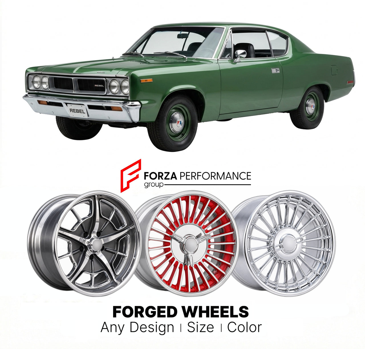 CUSTOM CLASSIC VINTAGE RESTOMOD RETRO OLD SCHOOL FORGED WHEELS RIMS for AMC REBEL 1970 - 1971
Custom forged wheels for classic American muscle cars. Ideal for restomod builds, vintage restorations, and show cars. Deep dish and retro styling available.

We manufacture premium quality forged wheels rims for AMC Rebel 1970 - 1971 in any design, size, color.

THIS WHEEL DESIGN CAN BE CUSTOM-MADE FOR YOUR CAR IN ANY SIZE AND COLOR OPTIONS
Available in monoblock, 2-piece, 3-piece, duoblock, beadlock
3D wheel rend