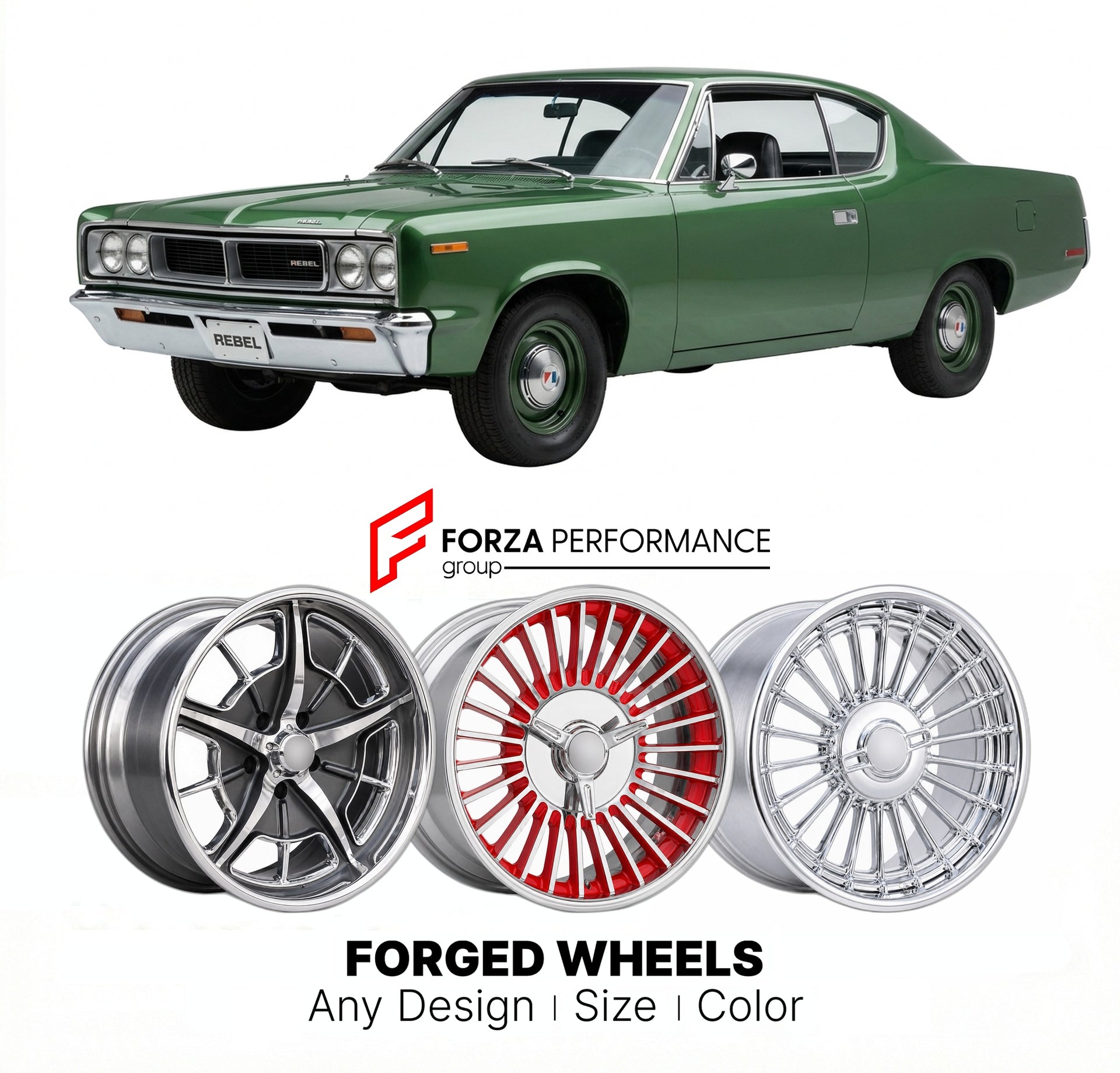 CUSTOM CLASSIC VINTAGE RESTOMOD RETRO OLD SCHOOL FORGED WHEELS RIMS for AMC REBEL 1970 - 1971
Custom forged wheels for classic American muscle cars. Ideal for restomod builds, vintage restorations, and show cars. Deep dish and retro styling available.

We manufacture premium quality forged wheels rims for AMC Rebel 1970 - 1971 in any design, size, color.

THIS WHEEL DESIGN CAN BE CUSTOM-MADE FOR YOUR CAR IN ANY SIZE AND COLOR OPTIONS
Available in monoblock, 2-piece, 3-piece, duoblock, beadlock
3D wheel rend