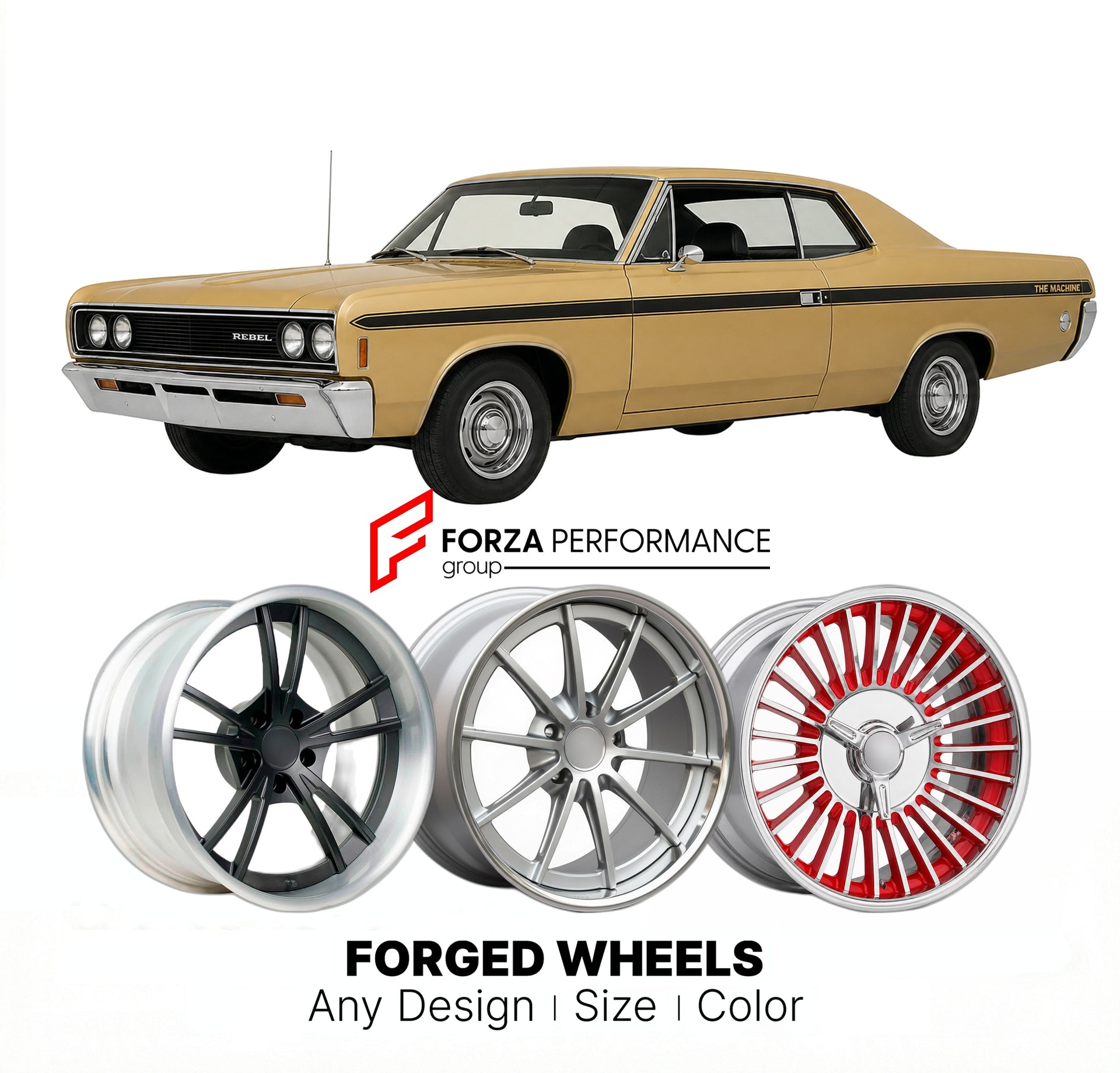 CUSTOM CLASSIC VINTAGE RESTOMOD RETRO OLD SCHOOL FORGED WHEELS RIMS for AMC REBEL MACHINE 1970 - 1970
Custom forged wheels for classic American muscle cars. Ideal for restomod builds, vintage restorations, and show cars. Deep dish and retro styling available.

We manufacture premium quality forged wheels rims for AMC Rebel Machine 1970 - 1970 in any design, size, color.

THIS WHEEL DESIGN CAN BE CUSTOM-MADE FOR YOUR CAR IN ANY SIZE AND COLOR OPTIONS
Available in monoblock, 2-piece, 3-piece, duoblock, beadlo