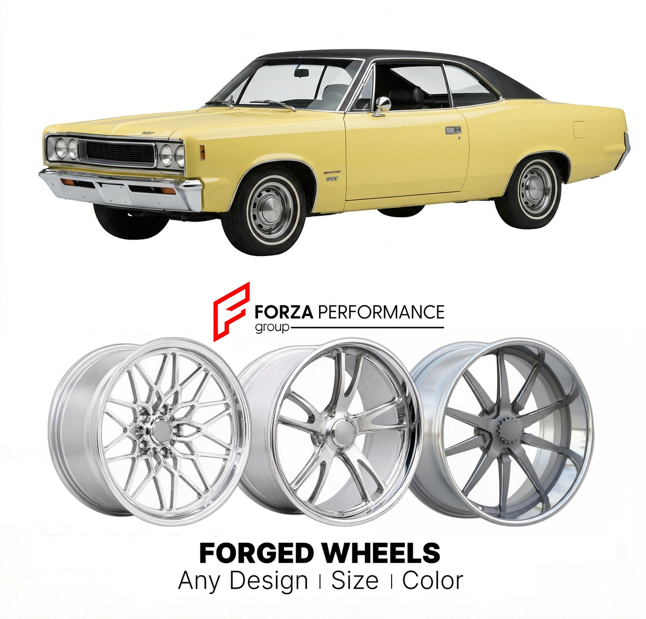 CUSTOM CLASSIC VINTAGE RESTOMOD RETRO OLD SCHOOL FORGED WHEELS RIMS for AMC REBEL SST 1968 - 1970
Custom forged wheels for classic American muscle cars. Ideal for restomod builds, vintage restorations, and show cars. Deep dish and retro styling available.

We manufacture premium quality forged wheels rims for AMC Rebel SST 1968 - 1970 in any design, size, color.

THIS WHEEL DESIGN CAN BE CUSTOM-MADE FOR YOUR CAR IN ANY SIZE AND COLOR OPTIONS
Available in monoblock, 2-piece, 3-piece, duoblock, beadlock
3D wh