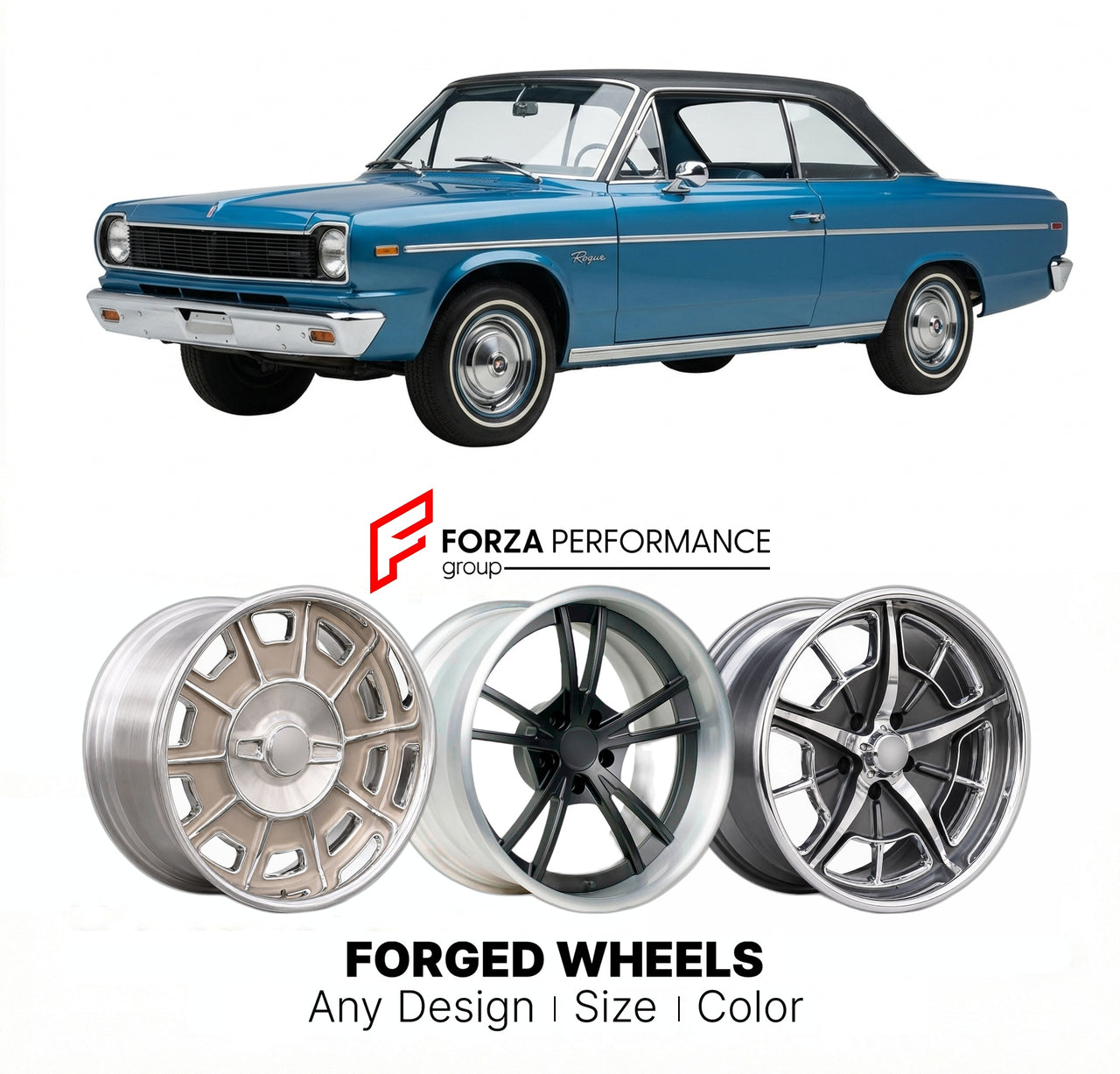 CUSTOM CLASSIC VINTAGE RESTOMOD RETRO OLD SCHOOL FORGED WHEELS RIMS for AMC ROGUE 1967 - 1968
Custom forged wheels for classic American muscle cars. Ideal for restomod builds, vintage restorations, and show cars. Deep dish and retro styling available.

We manufacture premium quality forged wheels rims for AMC Rogue 1967 - 1968 in any design, size, color.

THIS WHEEL DESIGN CAN BE CUSTOM-MADE FOR YOUR CAR IN ANY SIZE AND COLOR OPTIONS
Available in monoblock, 2-piece, 3-piece, duoblock, beadlock
3D wheel rend