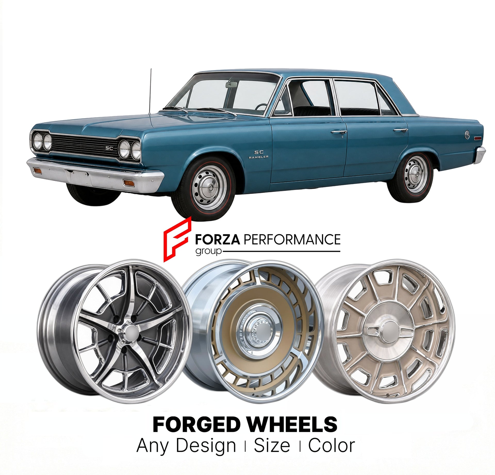 CUSTOM CLASSIC VINTAGE RESTOMOD RETRO OLD SCHOOL FORGED WHEELS RIMS for AMC SC RAMBLER 1969 - 1969
Custom forged wheels for classic American muscle cars. Ideal for restomod builds, vintage restorations, and show cars. Deep dish and retro styling available.

We manufacture premium quality forged wheels rims for AMC SC Rambler 1969 - 1969 in any design, size, color.

THIS WHEEL DESIGN CAN BE CUSTOM-MADE FOR YOUR CAR IN ANY SIZE AND COLOR OPTIONS
Available in monoblock, 2-piece, 3-piece, duoblock, beadlock
3D 
