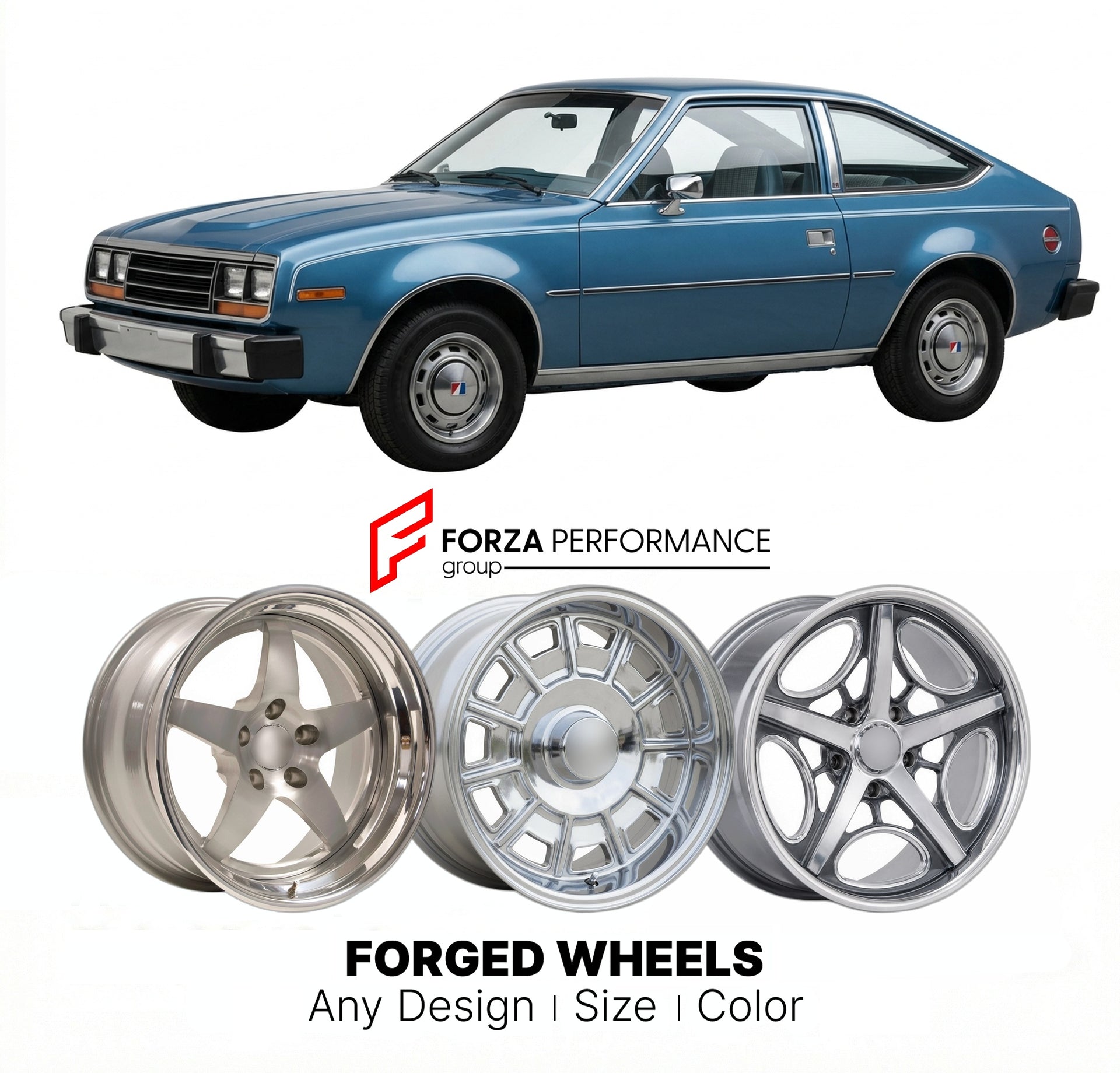 CUSTOM CLASSIC VINTAGE RESTOMOD RETRO OLD SCHOOL FORGED WHEELS RIMS for AMC SPIRIT 1979 - 1983
Custom forged wheels for classic American muscle cars. Ideal for restomod builds, vintage restorations, and show cars. Deep dish and retro styling available.

We manufacture premium quality forged wheels rims for AMC Spirit 1979 - 1983 in any design, size, color.

THIS WHEEL DESIGN CAN BE CUSTOM-MADE FOR YOUR CAR IN ANY SIZE AND COLOR OPTIONS
Available in monoblock, 2-piece, 3-piece, duoblock, beadlock
3D wheel re