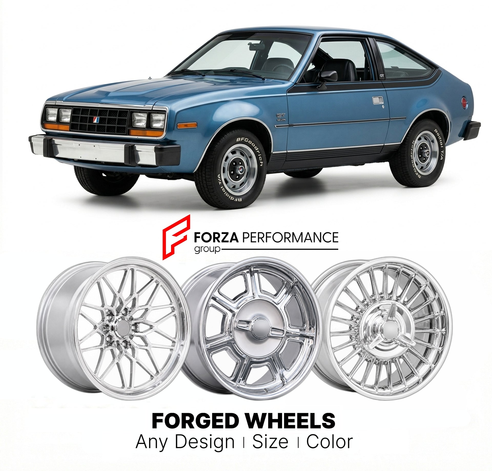 CUSTOM CLASSIC VINTAGE RESTOMOD RETRO OLD SCHOOL FORGED WHEELS RIMS for AMC SPIRIT GT 1981 - 1983
Custom forged wheels for classic American muscle cars. Ideal for restomod builds, vintage restorations, and show cars. Deep dish and retro styling available.

We manufacture premium quality forged wheels rims for AMC Spirit GT 1981 - 1983 in any design, size, color.

THIS WHEEL DESIGN CAN BE CUSTOM-MADE FOR YOUR CAR IN ANY SIZE AND COLOR OPTIONS
Available in monoblock, 2-piece, 3-piece, duoblock, beadlock
3D wh