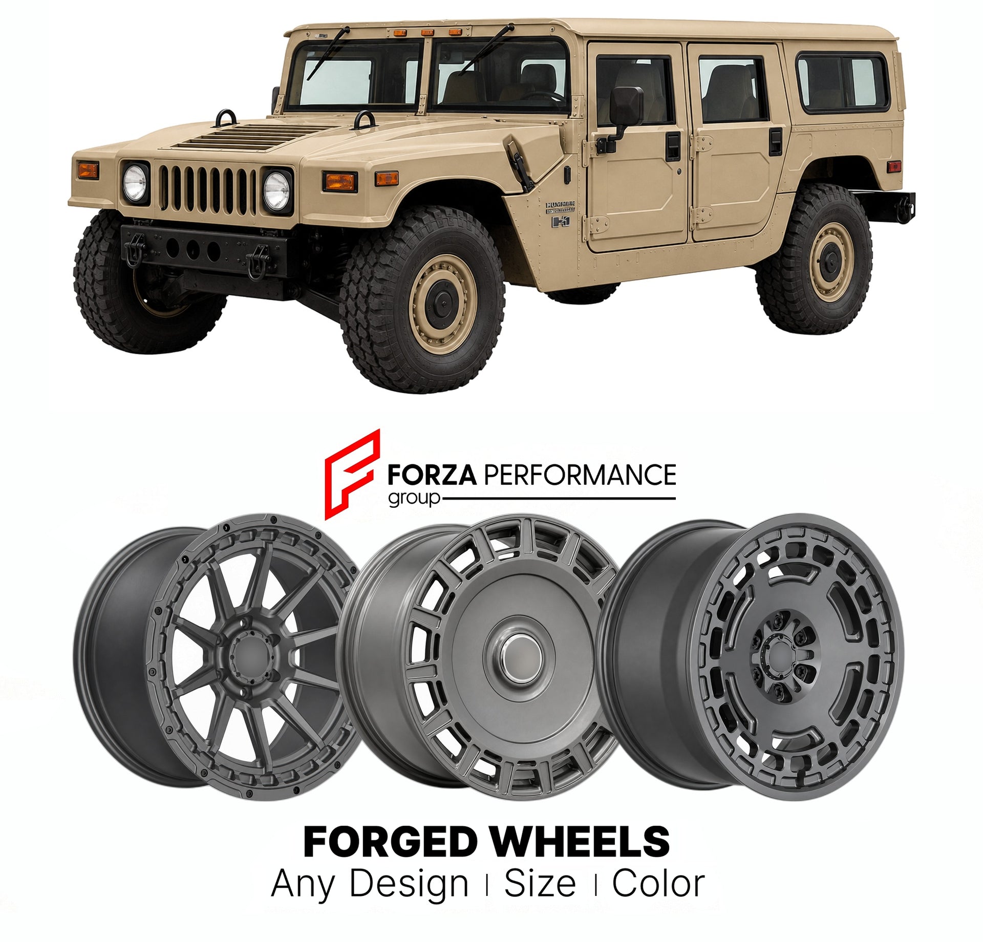 FORGED WHEELS RIMS for AM GENERAL HUMMER H1 10TH ANNIVERSARY EDITION CIVILIAN 1992 - 2006

Custom forged wheels for AM General Hummer H1 10th Anniversary Edition Civilian 1992 - 2006. Made-to-order monoblock, 2-piece and 3-piece rims in custom sizes, offsets, colors and finishes with guaranteed fitment.

We manufacture premium quality forged wheels rims for AM General Hummer H1 10th Anniversary Edition Civilian 1992 - 2006 in any design, size, color.

THIS WHEEL DESIGN CAN BE CUSTOM-MADE FOR YOUR CAR IN ANY