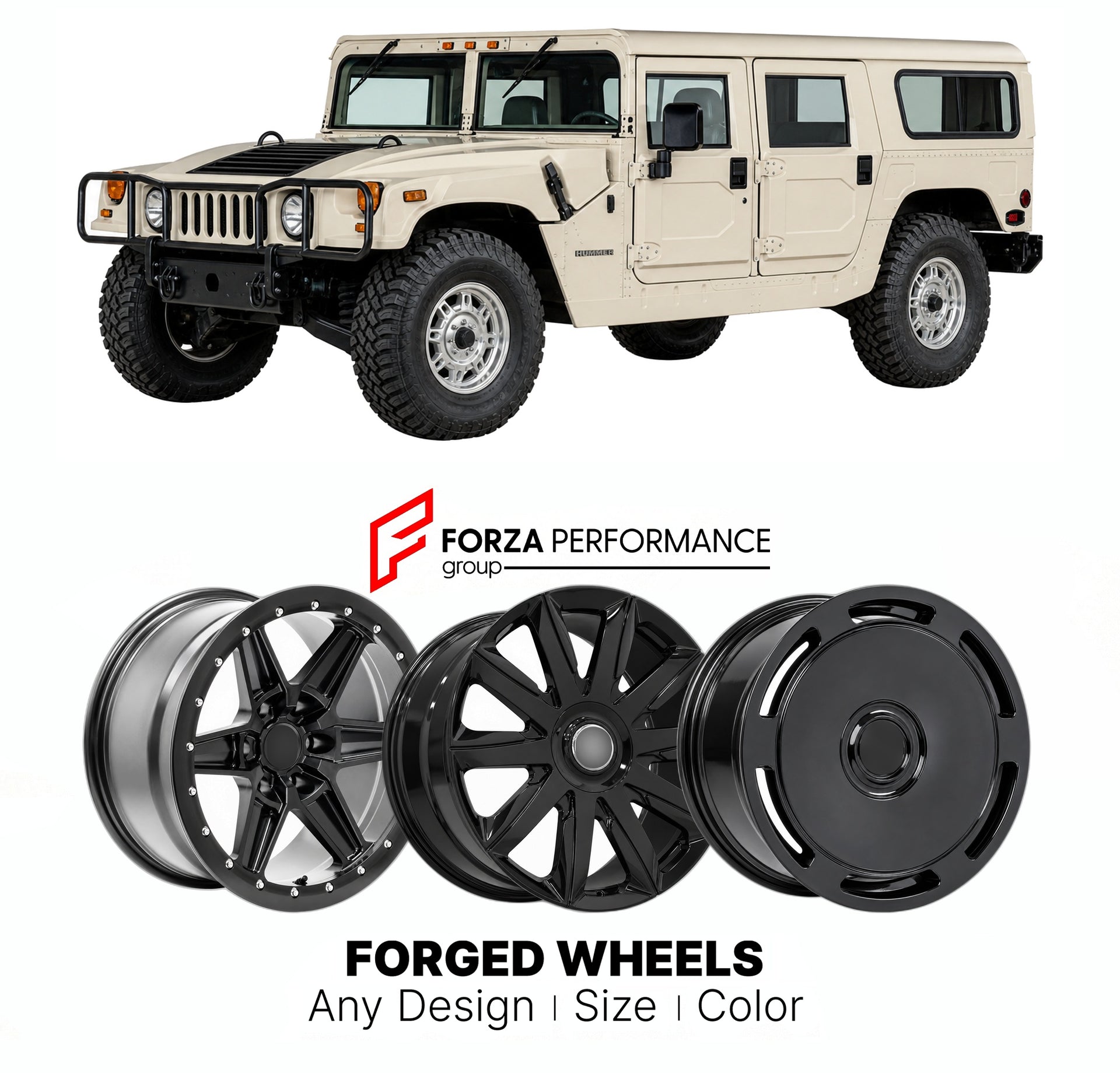 FORGED WHEELS RIMS for AM GENERAL HUMMER H1 ALPHA CIVILIAN 1992 - 2006

Custom forged wheels for AM General Hummer H1 Alpha Civilian 1992 - 2006. Made-to-order monoblock, 2-piece and 3-piece rims in custom sizes, offsets, colors and finishes with guaranteed fitment.

We manufacture premium quality forged wheels rims for AM General Hummer H1 Alpha Civilian 1992 - 2006 in any design, size, color.

THIS WHEEL DESIGN CAN BE CUSTOM-MADE FOR YOUR CAR IN ANY SIZE AND COLOR OPTIONS
Available in monoblock, 2-piece, 