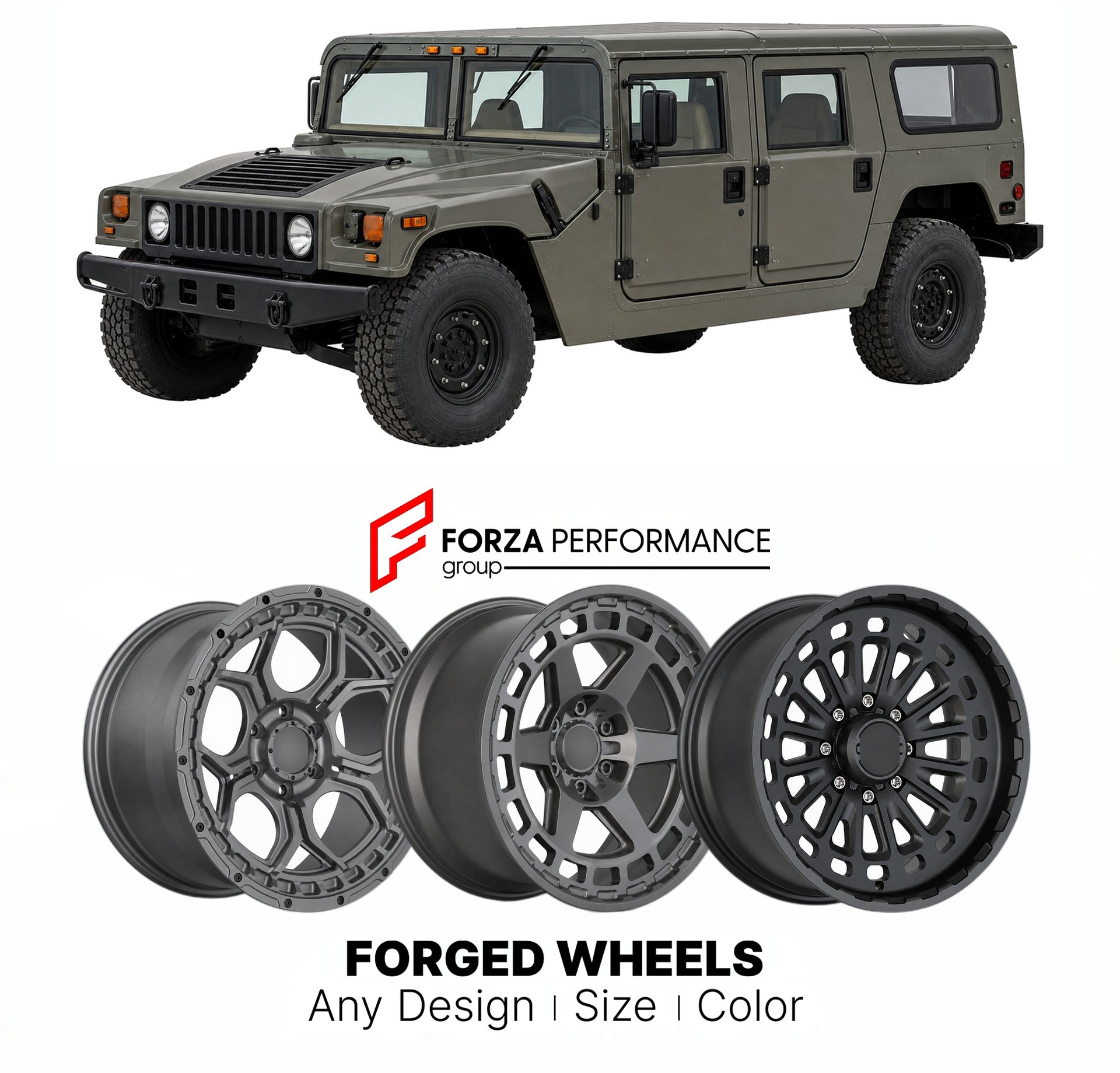 FORGED WHEELS RIMS for AM GENERAL HUMMER H1 CIVILIAN 1992 - 2006

Custom forged wheels for AM General Hummer H1 Civilian 1992 - 2006. Made-to-order monoblock, 2-piece and 3-piece rims in custom sizes, offsets, colors and finishes with guaranteed fitment.

We manufacture premium quality forged wheels rims for AM General Hummer H1 Civilian 1992 - 2006 in any design, size, color.

THIS WHEEL DESIGN CAN BE CUSTOM-MADE FOR YOUR CAR IN ANY SIZE AND COLOR OPTIONS
Available in monoblock, 2-piece, 3-piece, duoblock,
