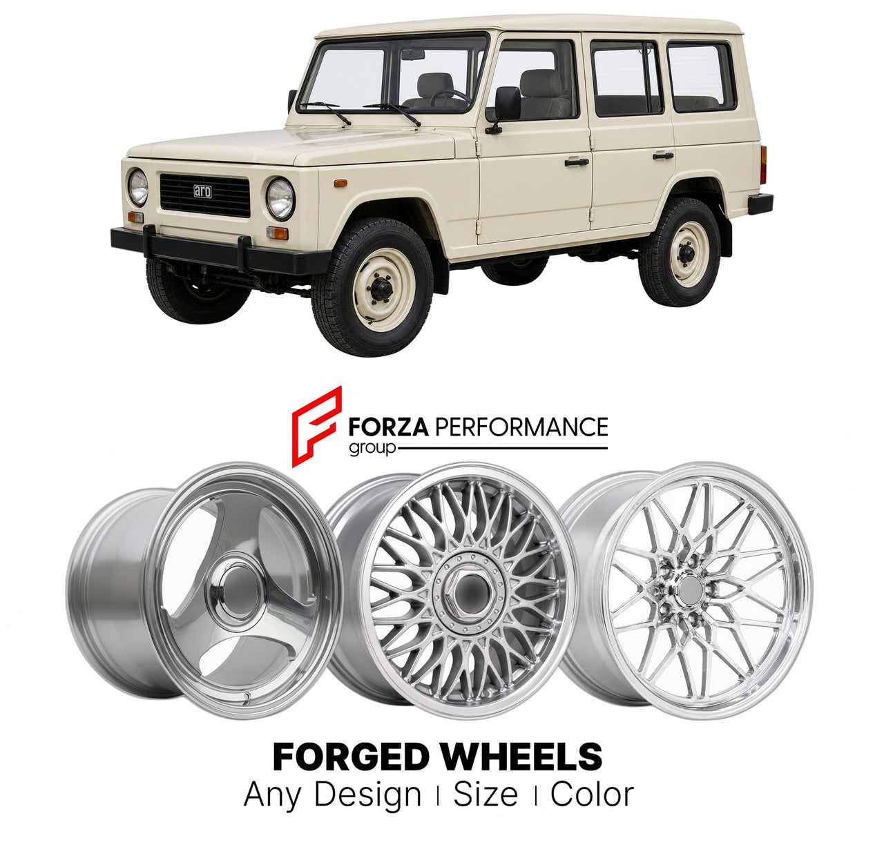 CUSTOM CLASSIC VINTAGE RESTOMOD RETRO OLD SCHOOL FORGED WHEELS RIMS for ARO 10 SERIES 1980 - 2006

Custom forged wheels for ARO 10 Series 1980 - 2006. Classic, vintage, restomod wheel designs made to order in custom sizes, offsets, colors and finishes.

We manufacture premium quality forged wheels rims for ARO 10 Series 1980 - 2006 in any design, size, color.

THIS WHEEL DESIGN CAN BE CUSTOM-MADE FOR YOUR CAR IN ANY SIZE AND COLOR OPTIONS
Available in monoblock, 2-piece, 3-piece, duoblock, beadlock
3D wheel