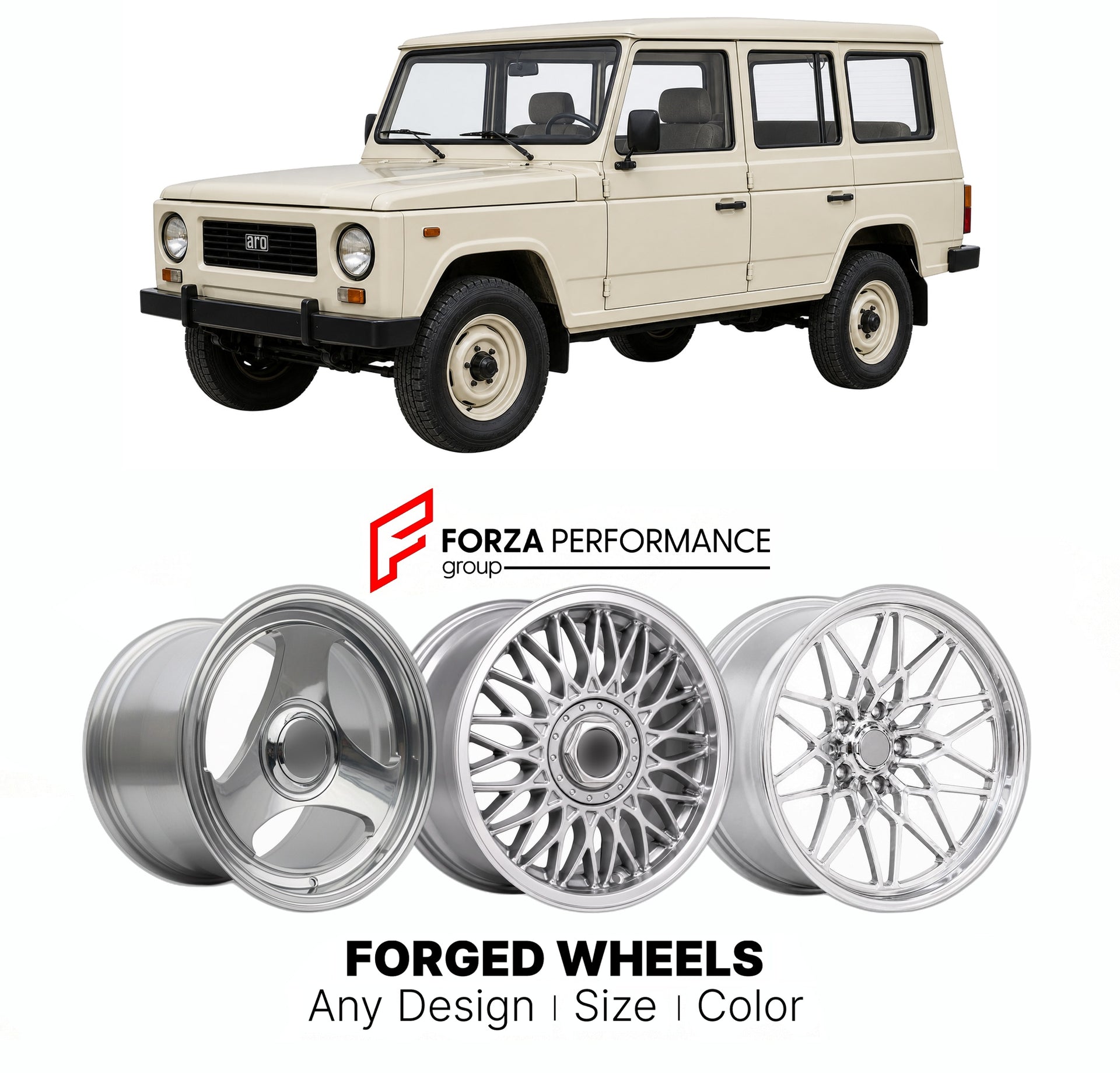 CUSTOM CLASSIC VINTAGE RESTOMOD RETRO OLD SCHOOL FORGED WHEELS RIMS for ARO 10 SERIES 1980 - 2006

Custom forged wheels for ARO 10 Series 1980 - 2006. Classic, vintage, restomod wheel designs made to order in custom sizes, offsets, colors and finishes.

We manufacture premium quality forged wheels rims for ARO 10 Series 1980 - 2006 in any design, size, color.

THIS WHEEL DESIGN CAN BE CUSTOM-MADE FOR YOUR CAR IN ANY SIZE AND COLOR OPTIONS
Available in monoblock, 2-piece, 3-piece, duoblock, beadlock
3D wheel