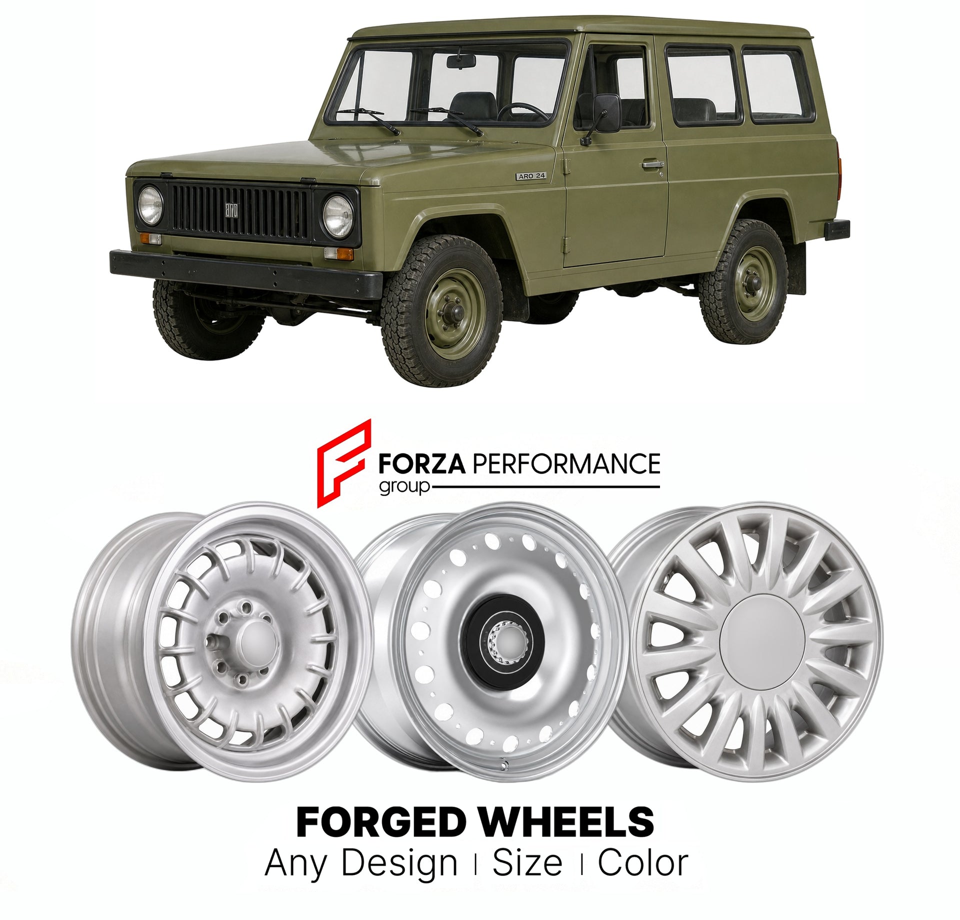 CUSTOM CLASSIC VINTAGE RESTOMOD RETRO OLD SCHOOL FORGED WHEELS RIMS for ARO 24 SERIES 1972 - 2006

Custom forged wheels for ARO 24 Series 1972 - 2006. Classic, vintage, restomod wheel designs made to order in custom sizes, offsets, colors and finishes.

We manufacture premium quality forged wheels rims for ARO 24 Series 1972 - 2006 in any design, size, color.

THIS WHEEL DESIGN CAN BE CUSTOM-MADE FOR YOUR CAR IN ANY SIZE AND COLOR OPTIONS
Available in monoblock, 2-piece, 3-piece, duoblock, beadlock
3D wheel