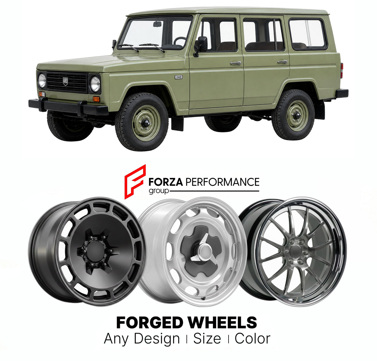 CUSTOM CLASSIC VINTAGE RESTOMOD RETRO OLD SCHOOL FORGED WHEELS RIMS for ARO 24 SERIES 240 241 243 244 1972 - 2006

Custom forged wheels for ARO 24 Series 240 241 243 244 1972 - 2006. Classic, vintage, restomod wheel designs made to order in custom sizes, offsets, colors and finishes.

We manufacture premium quality forged wheels rims for ARO 24 Series 240 241 243 244 1972 - 2006 in any design, size, color.

THIS WHEEL DESIGN CAN BE CUSTOM-MADE FOR YOUR CAR IN ANY SIZE AND COLOR OPTIONS
Available in monobloc