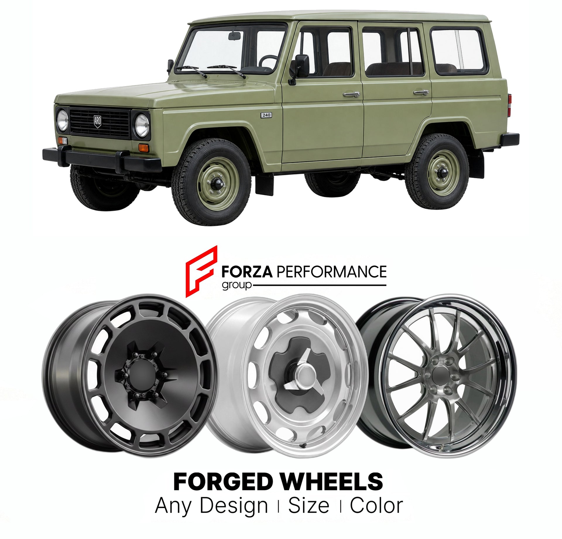 CUSTOM CLASSIC VINTAGE RESTOMOD RETRO OLD SCHOOL FORGED WHEELS RIMS for ARO 24 SERIES 240 241 243 244 1972 - 2006

Custom forged wheels for ARO 24 Series 240 241 243 244 1972 - 2006. Classic, vintage, restomod wheel designs made to order in custom sizes, offsets, colors and finishes.

We manufacture premium quality forged wheels rims for ARO 24 Series 240 241 243 244 1972 - 2006 in any design, size, color.

THIS WHEEL DESIGN CAN BE CUSTOM-MADE FOR YOUR CAR IN ANY SIZE AND COLOR OPTIONS
Available in monobloc
