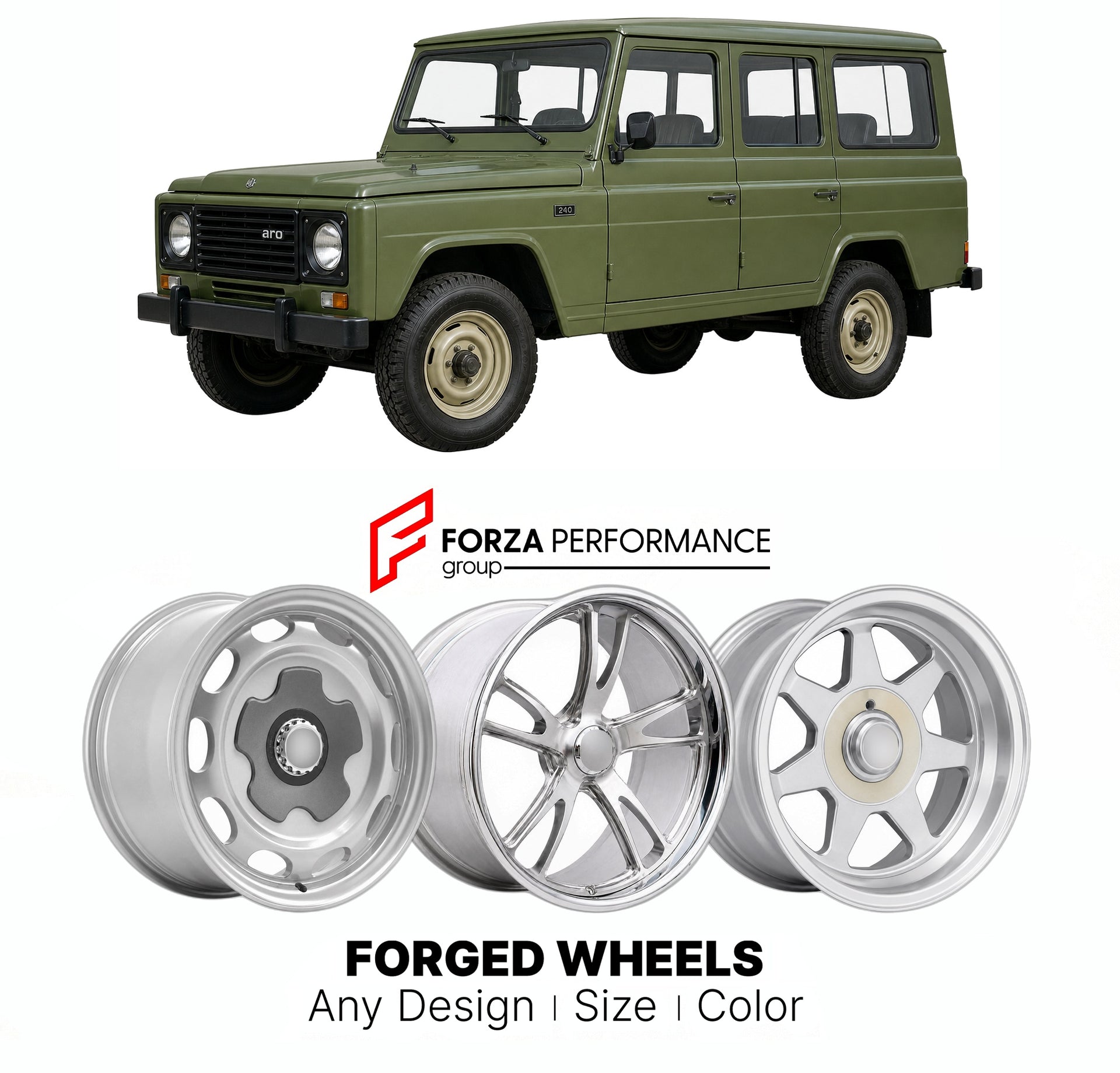 CUSTOM CLASSIC VINTAGE RESTOMOD RETRO OLD SCHOOL FORGED WHEELS RIMS for ARO 24 SERIES ARO 240 241 243 244 1972 - 2006

Custom forged wheels for ARO 24 Series ARO 240 241 243 244 1972 - 2006. Classic, vintage, restomod wheel designs made to order in custom sizes, offsets, colors and finishes.

We manufacture premium quality forged wheels rims for ARO 24 Series ARO 240 241 243 244 1972 - 2006 in any design, size, color.

THIS WHEEL DESIGN CAN BE CUSTOM-MADE FOR YOUR CAR IN ANY SIZE AND COLOR OPTIONS
Available
