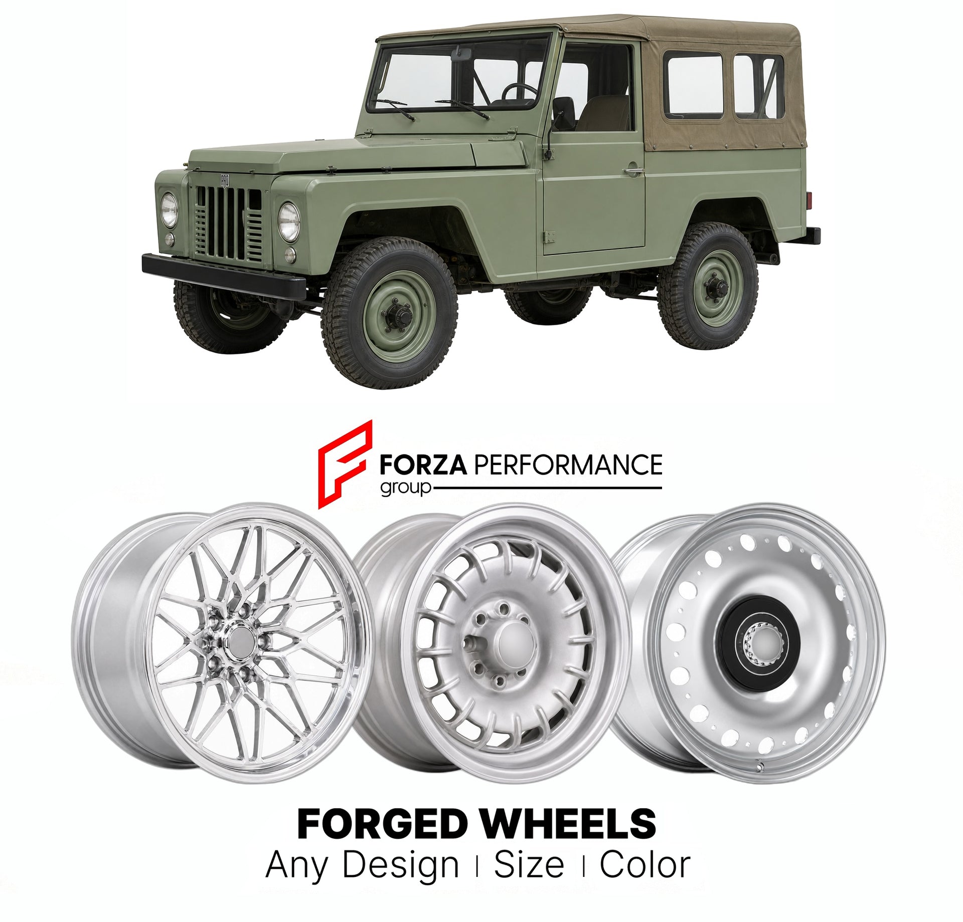 CUSTOM CLASSIC VINTAGE RESTOMOD RETRO OLD SCHOOL FORGED WHEELS RIMS for ARO M461 IMS 4X4 1964 - 1975

Custom forged wheels for ARO M461 IMS 4x4 1964 - 1975. Classic, vintage, restomod wheel designs made to order in custom sizes, offsets, colors and finishes.

We manufacture premium quality forged wheels rims for ARO M461 IMS 4x4 1964 - 1975 in any design, size, color.

THIS WHEEL DESIGN CAN BE CUSTOM-MADE FOR YOUR CAR IN ANY SIZE AND COLOR OPTIONS
Available in monoblock, 2-piece, 3-piece, duoblock, beadlock