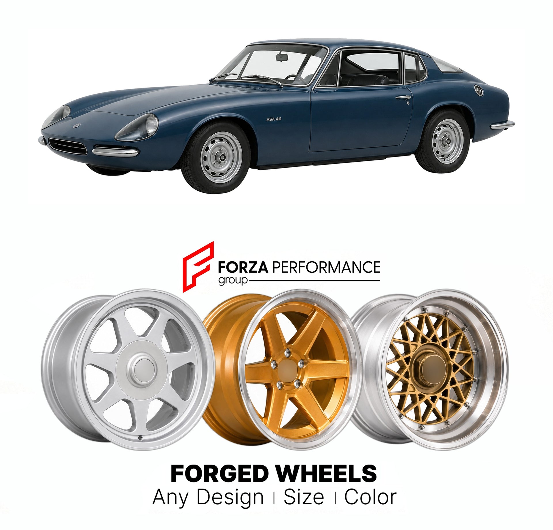 CUSTOM CLASSIC VINTAGE RESTOMOD RETRO OLD SCHOOL FORGED WHEELS RIMS for ASA 411 1966 - 1967

Custom forged wheels for ASA 411 1966 - 1967. Classic, vintage, restomod wheel designs made to order in custom sizes, offsets, colors and finishes.

We manufacture premium quality forged wheels rims for ASA 411 1966 - 1967 in any design, size, color.

THIS WHEEL DESIGN CAN BE CUSTOM-MADE FOR YOUR CAR IN ANY SIZE AND COLOR OPTIONS
Available in monoblock, 2-piece, 3-piece, duoblock, beadlock
3D wheel renderings are pr