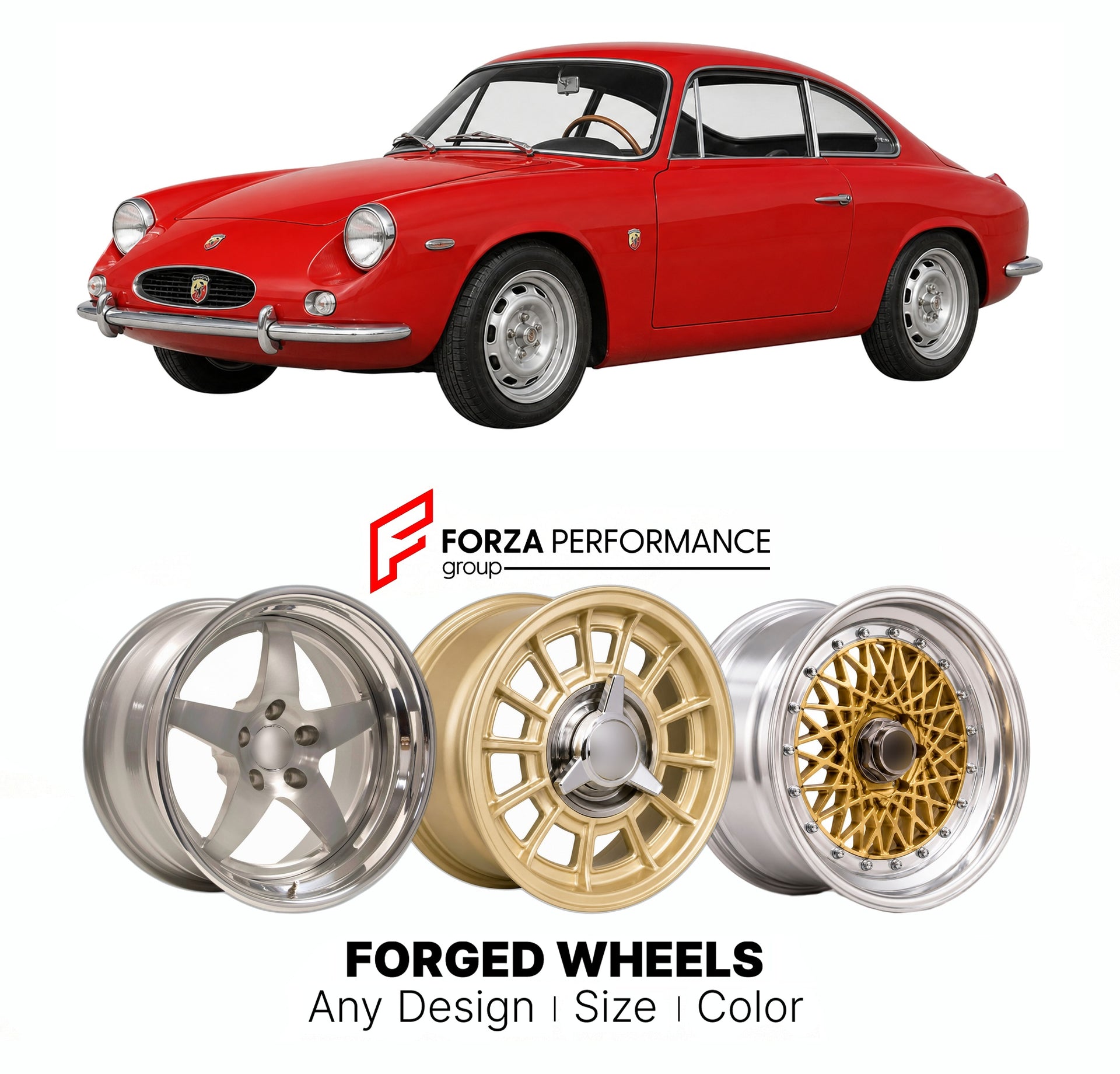 CUSTOM CLASSIC VINTAGE RESTOMOD RETRO OLD SCHOOL FORGED WHEELS RIMS for ABARTH 1000 BIALBERO 1961 - 1969

Custom forged wheels for Abarth 1000 Bialbero 1961 - 1969. Classic, vintage, restomod wheel designs made to order in custom sizes, offsets, colors and finishes.

We manufacture premium quality forged wheels rims for Abarth 1000 Bialbero 1961 - 1969 in any design, size, color.

THIS WHEEL DESIGN CAN BE CUSTOM-MADE FOR YOUR CAR IN ANY SIZE AND COLOR OPTIONS
Available in monoblock, 2-piece, 3-piece, duoblo