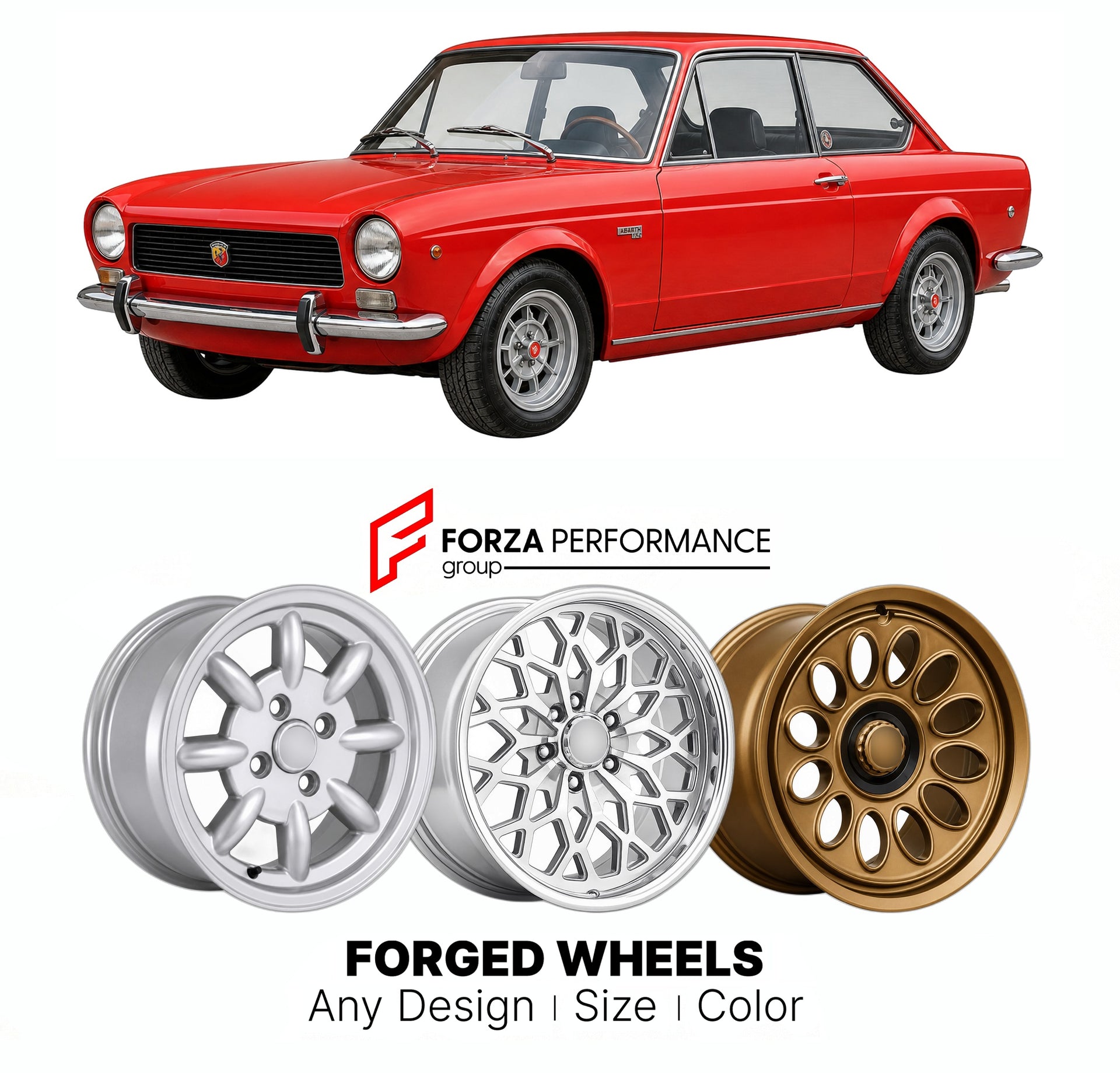 CUSTOM CLASSIC VINTAGE RESTOMOD RETRO OLD SCHOOL FORGED WHEELS RIMS for ABARTH 124 1972 - 1975

Custom forged wheels for Abarth 124 1972 - 1975. Classic, vintage, restomod wheel designs made to order in custom sizes, offsets, colors and finishes.

We manufacture premium quality forged wheels rims for Abarth 124 1972 - 1975 in any design, size, color.

THIS WHEEL DESIGN CAN BE CUSTOM-MADE FOR YOUR CAR IN ANY SIZE AND COLOR OPTIONS
Available in monoblock, 2-piece, 3-piece, duoblock, beadlock
3D wheel renderin