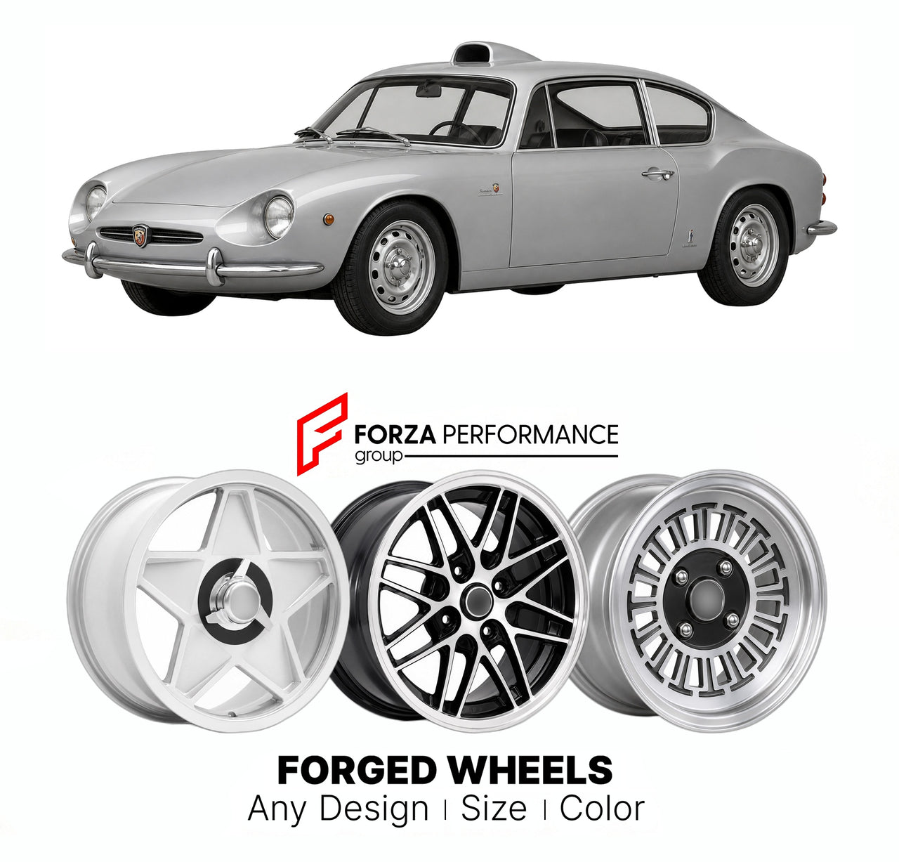 CUSTOM CLASSIC VINTAGE RESTOMOD RETRO OLD SCHOOL FORGED WHEELS RIMS for ABARTH 1300 OT PERISCOPIO 1965 - 1966

Custom forged wheels for Abarth 1300 OT Periscopio 1965 - 1966. Classic, vintage, restomod wheel designs made to order in custom sizes, offsets, colors and finishes.

We manufacture premium quality forged wheels rims for Abarth 1300 OT Periscopio 1965 - 1966 in any design, size, color.

THIS WHEEL DESIGN CAN BE CUSTOM-MADE FOR YOUR CAR IN ANY SIZE AND COLOR OPTIONS
Available in monoblock, 2-piece, 