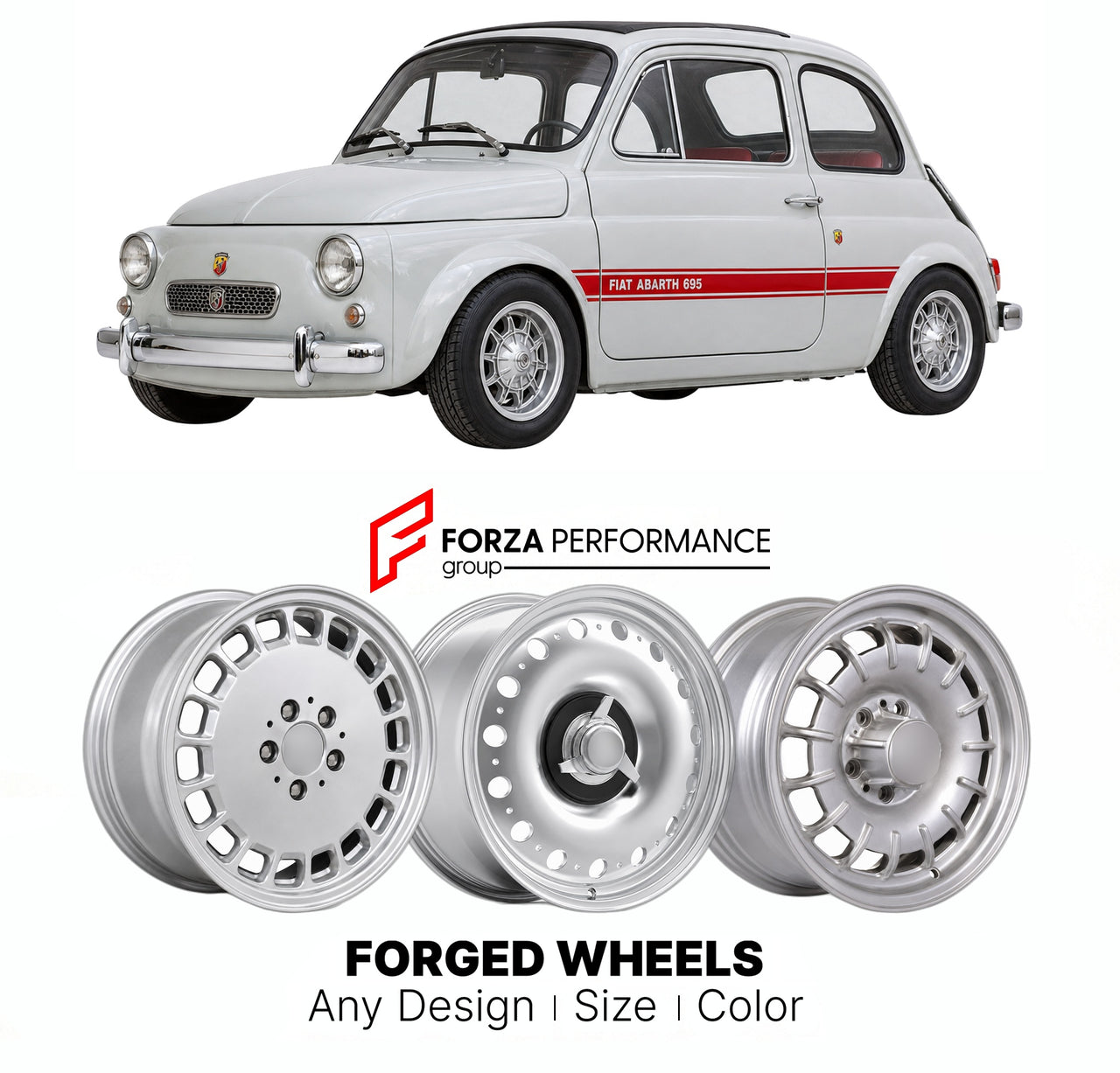 CUSTOM CLASSIC VINTAGE RESTOMOD RETRO OLD SCHOOL FORGED WHEELS RIMS for ABARTH 595 695 SS 1963 - 1971

Custom forged wheels for Abarth 595 695 SS 1963 - 1971. Classic, vintage, restomod wheel designs made to order in custom sizes, offsets, colors and finishes.

We manufacture premium quality forged wheels rims for Abarth 595 695 SS 1963 - 1971 in any design, size, color.

THIS WHEEL DESIGN CAN BE CUSTOM-MADE FOR YOUR CAR IN ANY SIZE AND COLOR OPTIONS
Available in monoblock, 2-piece, 3-piece, duoblock, beadl
