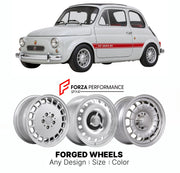 CUSTOM CLASSIC VINTAGE RESTOMOD RETRO OLD SCHOOL FORGED WHEELS RIMS for ABARTH 595 695 SS 1963 - 1971

Custom forged wheels for Abarth 595 695 SS 1963 - 1971. Classic, vintage, restomod wheel designs made to order in custom sizes, offsets, colors and finishes.

We manufacture premium quality forged wheels rims for Abarth 595 695 SS 1963 - 1971 in any design, size, color.

THIS WHEEL DESIGN CAN BE CUSTOM-MADE FOR YOUR CAR IN ANY SIZE AND COLOR OPTIONS
Available in monoblock, 2-piece, 3-piece, duoblock, beadl