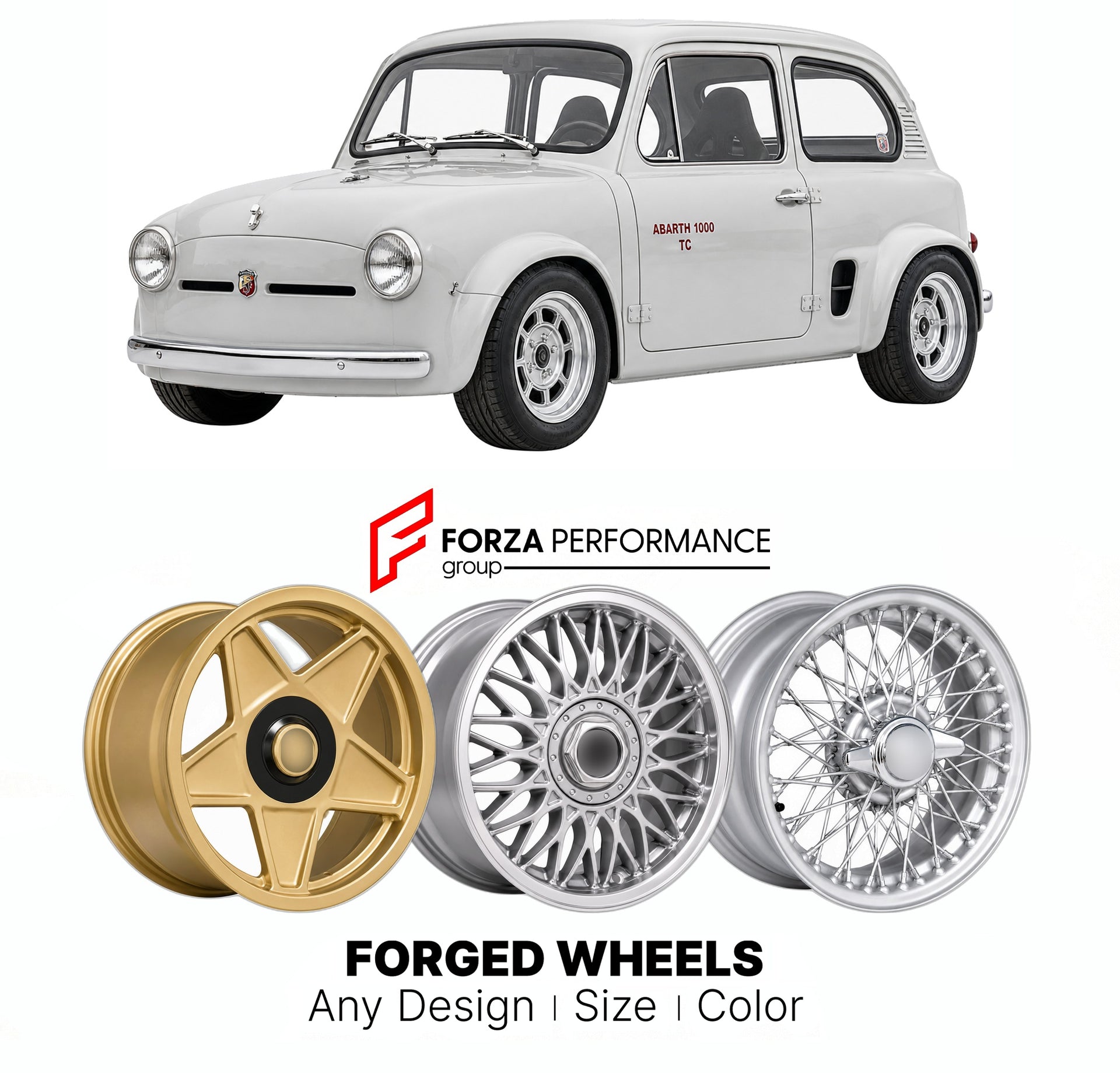 CUSTOM CLASSIC VINTAGE RESTOMOD RETRO OLD SCHOOL FORGED WHEELS RIMS for ABARTH 850 TC 1000 TCR 1961 - 1970

Custom forged wheels for Abarth 850 TC 1000 TCR 1961 - 1970. Classic, vintage, restomod wheel designs made to order in custom sizes, offsets, colors and finishes.

We manufacture premium quality forged wheels rims for Abarth 850 TC 1000 TCR 1961 - 1970 in any design, size, color.

THIS WHEEL DESIGN CAN BE CUSTOM-MADE FOR YOUR CAR IN ANY SIZE AND COLOR OPTIONS
Available in monoblock, 2-piece, 3-piece, 