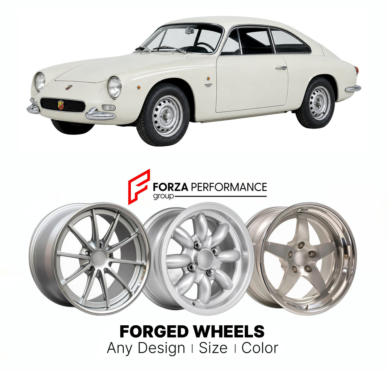 CUSTOM CLASSIC VINTAGE RESTOMOD RETRO OLD SCHOOL FORGED WHEELS RIMS for ABARTH OT 1000 OT 1300 1964 - 1968

Custom forged wheels for Abarth OT 1000 OT 1300 1964 - 1968. Classic, vintage, restomod wheel designs made to order in custom sizes, offsets, colors and finishes.

We manufacture premium quality forged wheels rims for Abarth OT 1000 OT 1300 1964 - 1968 in any design, size, color.

THIS WHEEL DESIGN CAN BE CUSTOM-MADE FOR YOUR CAR IN ANY SIZE AND COLOR OPTIONS
Available in monoblock, 2-piece, 3-piece, 