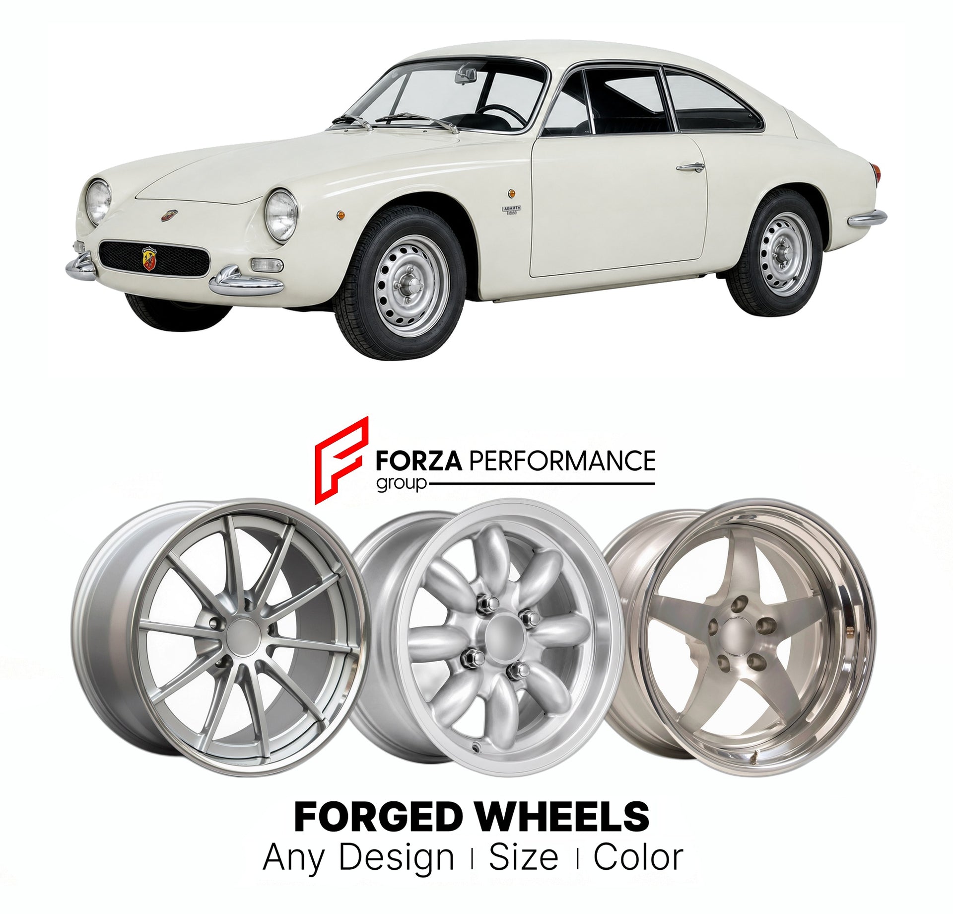 CUSTOM CLASSIC VINTAGE RESTOMOD RETRO OLD SCHOOL FORGED WHEELS RIMS for ABARTH OT 1000 OT 1300 1964 - 1968

Custom forged wheels for Abarth OT 1000 OT 1300 1964 - 1968. Classic, vintage, restomod wheel designs made to order in custom sizes, offsets, colors and finishes.

We manufacture premium quality forged wheels rims for Abarth OT 1000 OT 1300 1964 - 1968 in any design, size, color.

THIS WHEEL DESIGN CAN BE CUSTOM-MADE FOR YOUR CAR IN ANY SIZE AND COLOR OPTIONS
Available in monoblock, 2-piece, 3-piece, 