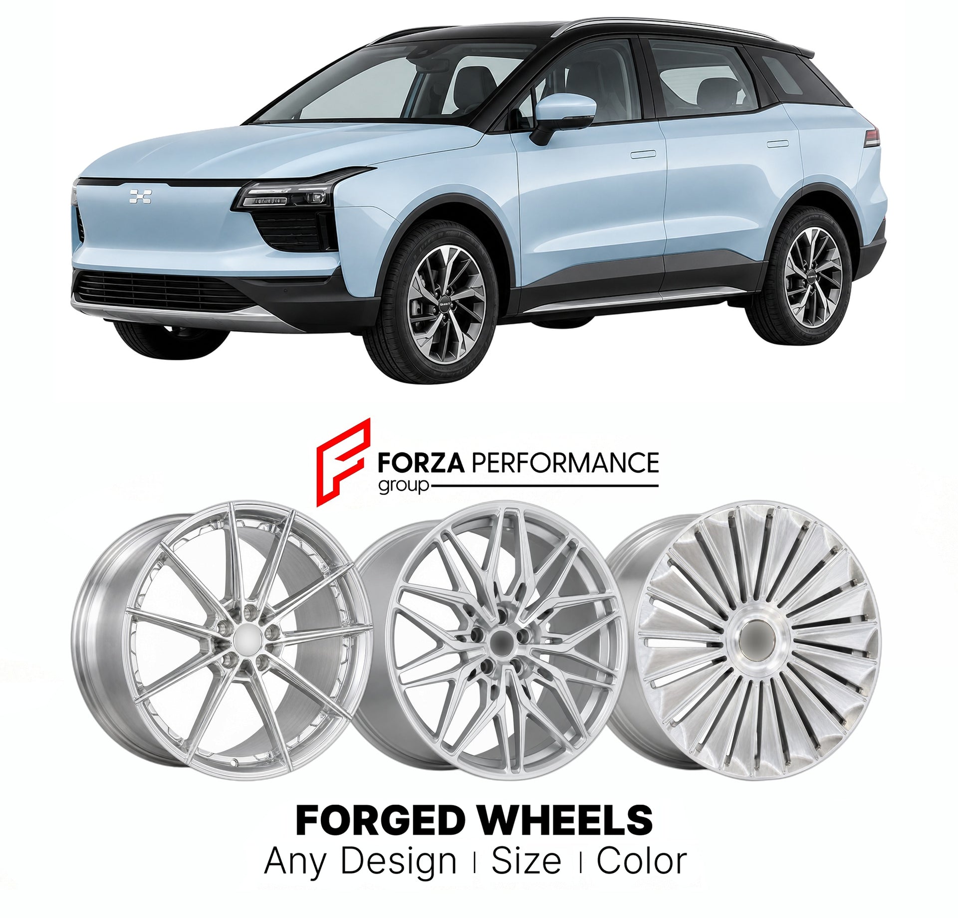 Custom forged wheels for Aiways U5 2019+. Made-to-order monoblock, 2-piece and 3-piece wheels in custom sizes, offsets, colors and finishes with guaranteed vehicle fitment.

We manufacture premium quality forged wheels rims for Aiways U5 2019+ in any design, size, color.

THIS WHEEL DESIGN CAN BE CUSTOM-MADE FOR YOUR CAR IN ANY SIZE AND COLOR OPTIONS
Available in monoblock, 2-piece, 3-piece, duoblock, beadlock
3D wheel renderings are provided according to the exact dimensions and specifications requested by