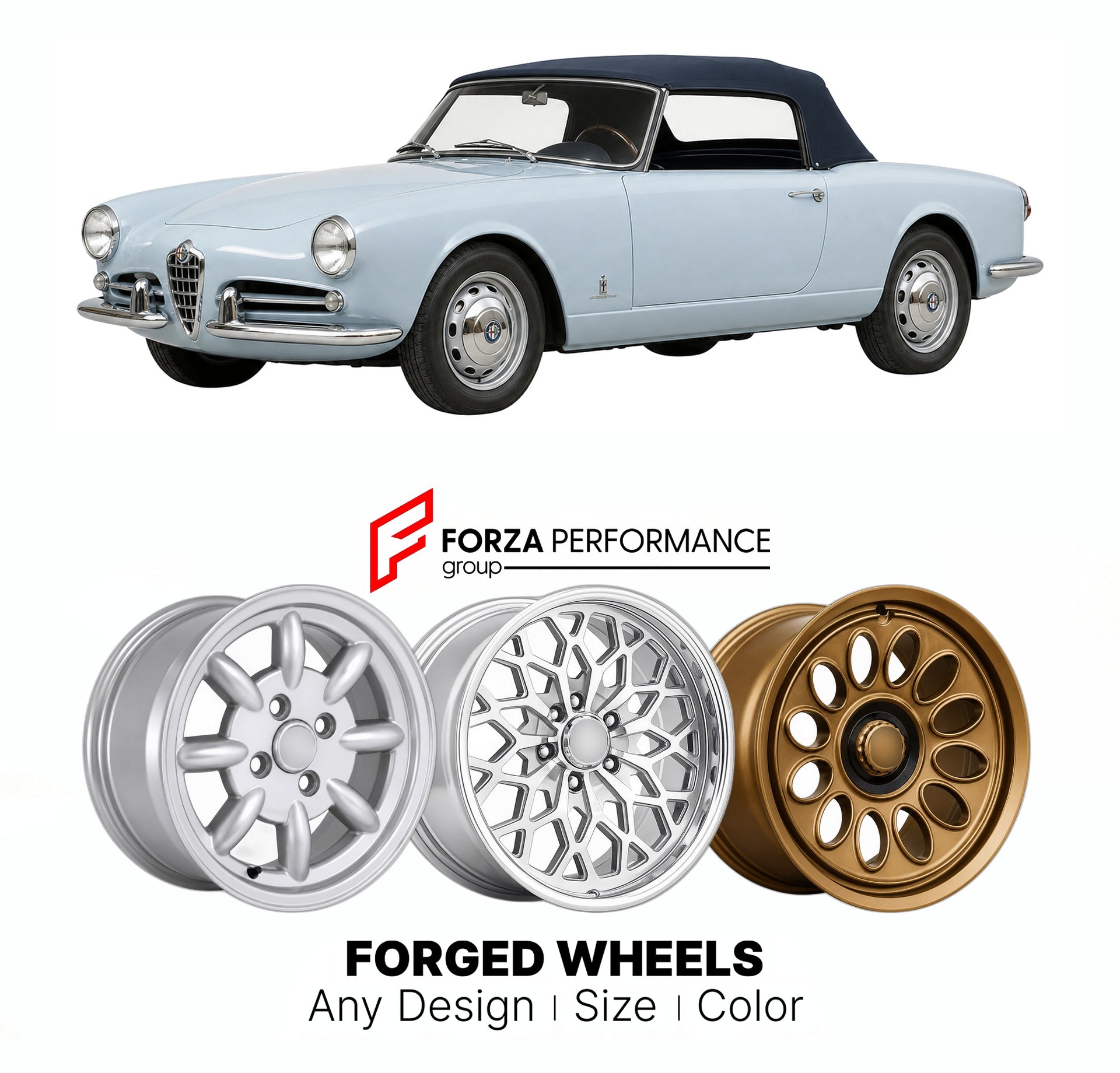 CUSTOM CLASSIC VINTAGE RESTOMOD RETRO OLD SCHOOL FORGED WHEELS RIMS for ALFA ROMEO 101 SERIES GIULIETTA SPIDER 1955 - 1962

Custom forged wheels for Alfa Romeo 101 Series Giulietta Spider 1955 - 1962. Classic, vintage, restomod wheel designs made to order in custom sizes, offsets, colors and finishes.

We manufacture premium quality forged wheels rims for Alfa Romeo 101 Series Giulietta Spider 1955 - 1962 in any design, size, color.

THIS WHEEL DESIGN CAN BE CUSTOM-MADE FOR YOUR CAR IN ANY SIZE AND COLOR OP