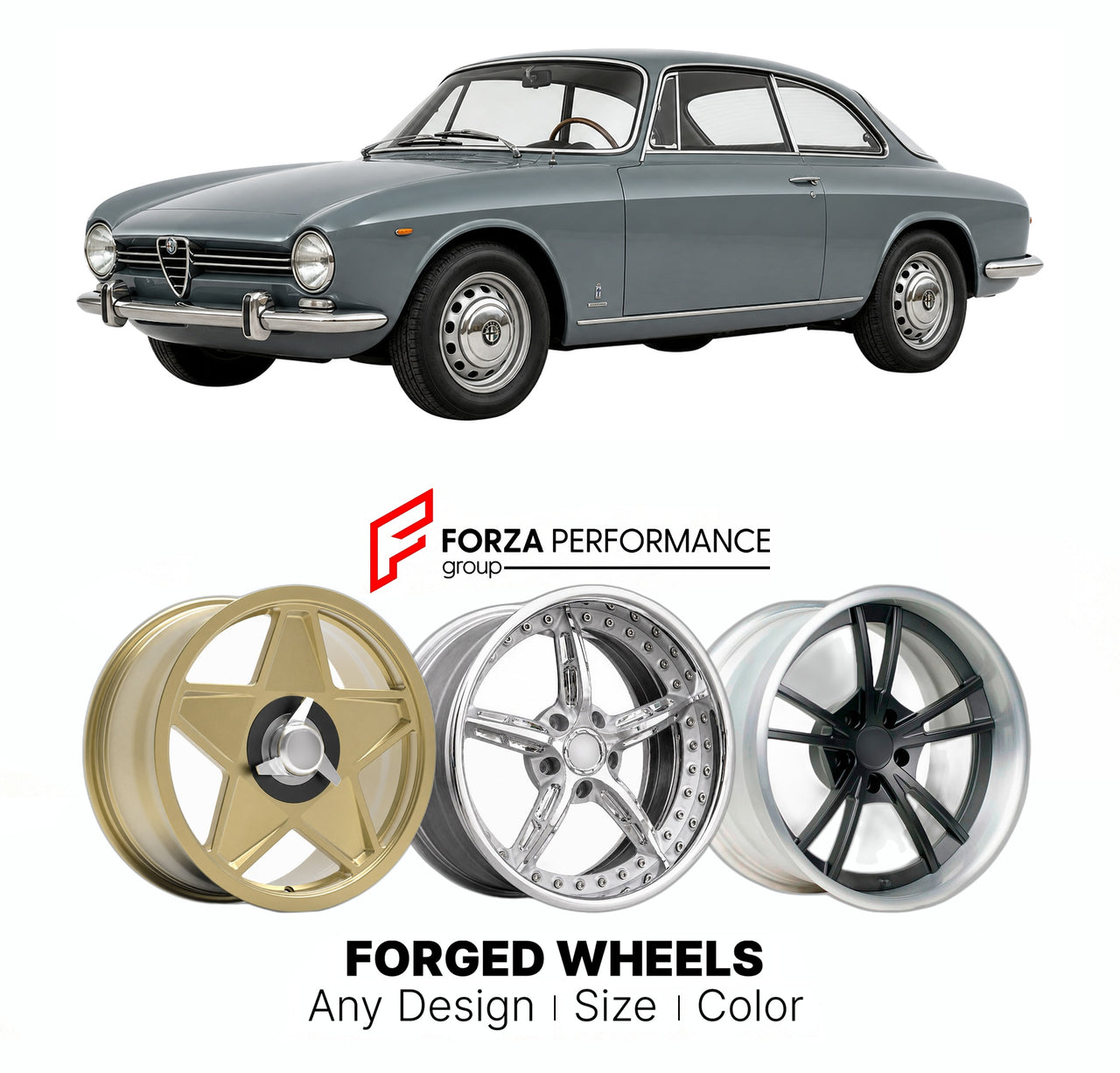 CUSTOM CLASSIC VINTAGE RESTOMOD RETRO OLD SCHOOL FORGED WHEELS RIMS for ALFA ROMEO 105 115 SERIES COUPE 1963 - 1977

Custom forged wheels for Alfa Romeo 105 115 Series Coupe 1963 - 1977. Classic, vintage, restomod wheel designs made to order in custom sizes, offsets, colors and finishes.

We manufacture premium quality forged wheels rims for Alfa Romeo 105 115 Series Coupe 1963 - 1977 in any design, size, color.

THIS WHEEL DESIGN CAN BE CUSTOM-MADE FOR YOUR CAR IN ANY SIZE AND COLOR OPTIONS
Available in mo