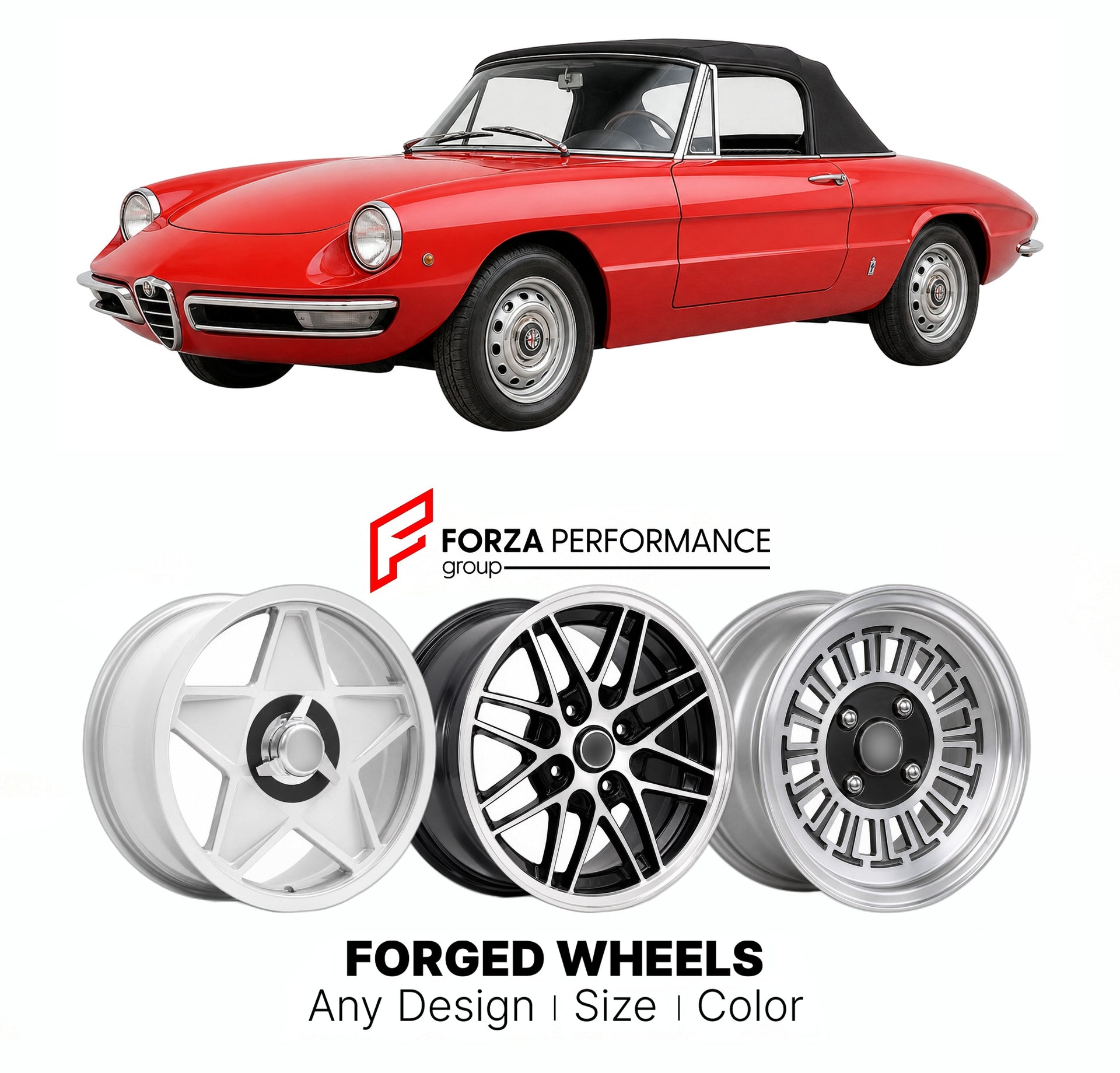 CUSTOM CLASSIC VINTAGE RESTOMOD RETRO OLD SCHOOL FORGED WHEELS RIMS for ALFA ROMEO 105 115 SPIDER DUETTO 1966 - 1993

Custom forged wheels for Alfa Romeo 105 115 Spider Duetto 1966 - 1993. Classic, vintage, restomod wheel designs made to order in custom sizes, offsets, colors and finishes.

We manufacture premium quality forged wheels rims for Alfa Romeo 105 115 Spider Duetto 1966 - 1993 in any design, size, color.

THIS WHEEL DESIGN CAN BE CUSTOM-MADE FOR YOUR CAR IN ANY SIZE AND COLOR OPTIONS
Available in