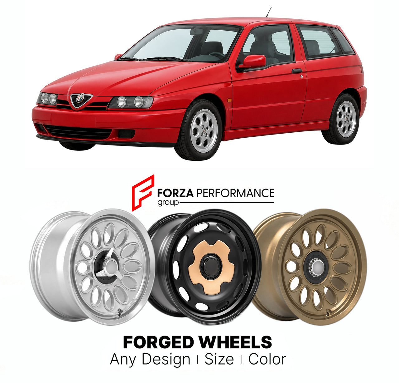 CUSTOM CLASSIC VINTAGE RESTOMOD RETRO OLD SCHOOL FORGED WHEELS RIMS for ALFA ROMEO 145 TIPO 930 1994 - 2000

Custom forged wheels for Alfa Romeo 145 Tipo 930 1994 - 2000. Classic, vintage, restomod wheel designs made to order in custom sizes, offsets, colors and finishes.

We manufacture premium quality forged wheels rims for Alfa Romeo 145 Tipo 930 1994 - 2000 in any design, size, color.

THIS WHEEL DESIGN CAN BE CUSTOM-MADE FOR YOUR CAR IN ANY SIZE AND COLOR OPTIONS
Available in monoblock, 2-piece, 3-piec