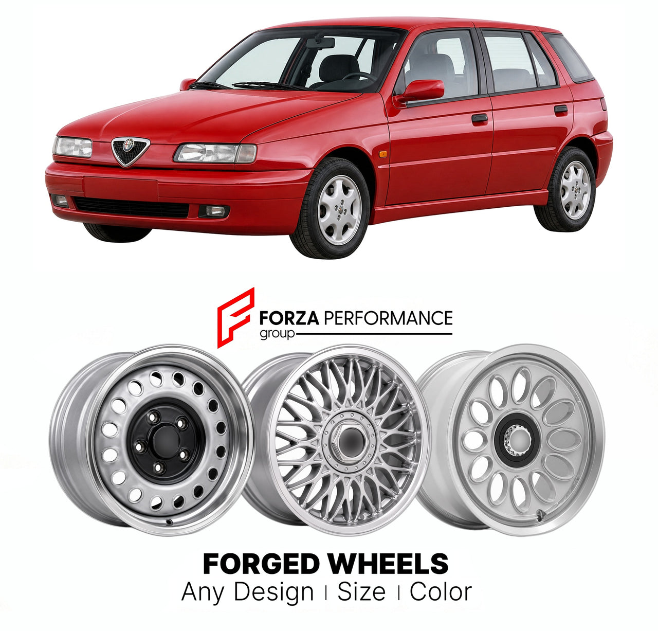 CUSTOM CLASSIC VINTAGE RESTOMOD RETRO OLD SCHOOL FORGED WHEELS RIMS for ALFA ROMEO 146 TIPO 930 1995 - 2000

Custom forged wheels for Alfa Romeo 146 Tipo 930 1995 - 2000. Classic, vintage, restomod wheel designs made to order in custom sizes, offsets, colors and finishes.

We manufacture premium quality forged wheels rims for Alfa Romeo 146 Tipo 930 1995 - 2000 in any design, size, color.

THIS WHEEL DESIGN CAN BE CUSTOM-MADE FOR YOUR CAR IN ANY SIZE AND COLOR OPTIONS
Available in monoblock, 2-piece, 3-piec