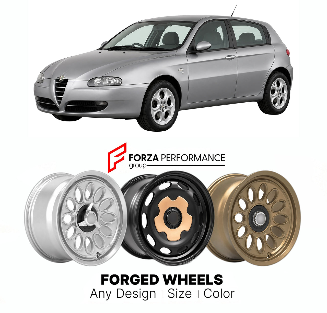 CUSTOM CLASSIC VINTAGE RESTOMOD RETRO OLD SCHOOL FORGED WHEELS RIMS for ALFA ROMEO 147 TYPE 937 2000 - 2010

Custom forged wheels for Alfa Romeo 147 Type 937 2000 - 2010. Classic, vintage, restomod wheel designs made to order in custom sizes, offsets, colors and finishes.

We manufacture premium quality forged wheels rims for Alfa Romeo 147 Type 937 2000 - 2010 in any design, size, color.

THIS WHEEL DESIGN CAN BE CUSTOM-MADE FOR YOUR CAR IN ANY SIZE AND COLOR OPTIONS
Available in monoblock, 2-piece, 3-piec