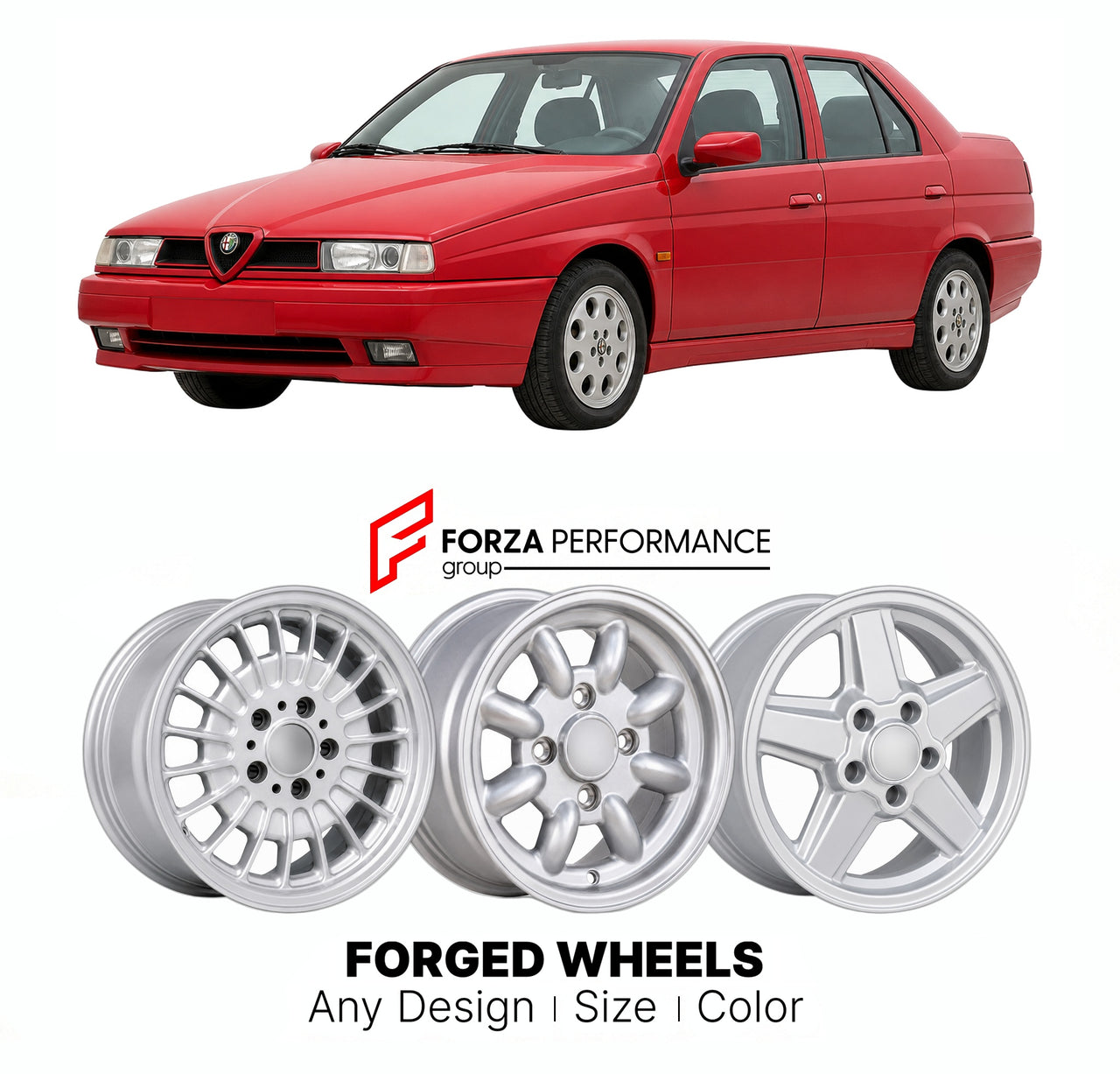 CUSTOM CLASSIC VINTAGE RESTOMOD RETRO OLD SCHOOL FORGED WHEELS RIMS for ALFA ROMEO 155 TIPO 167 1992 - 1998

Custom forged wheels for Alfa Romeo 155 Tipo 167 1992 - 1998. Classic, vintage, restomod wheel designs made to order in custom sizes, offsets, colors and finishes.

We manufacture premium quality forged wheels rims for Alfa Romeo 155 Tipo 167 1992 - 1998 in any design, size, color.

THIS WHEEL DESIGN CAN BE CUSTOM-MADE FOR YOUR CAR IN ANY SIZE AND COLOR OPTIONS
Available in monoblock, 2-piece, 3-piec