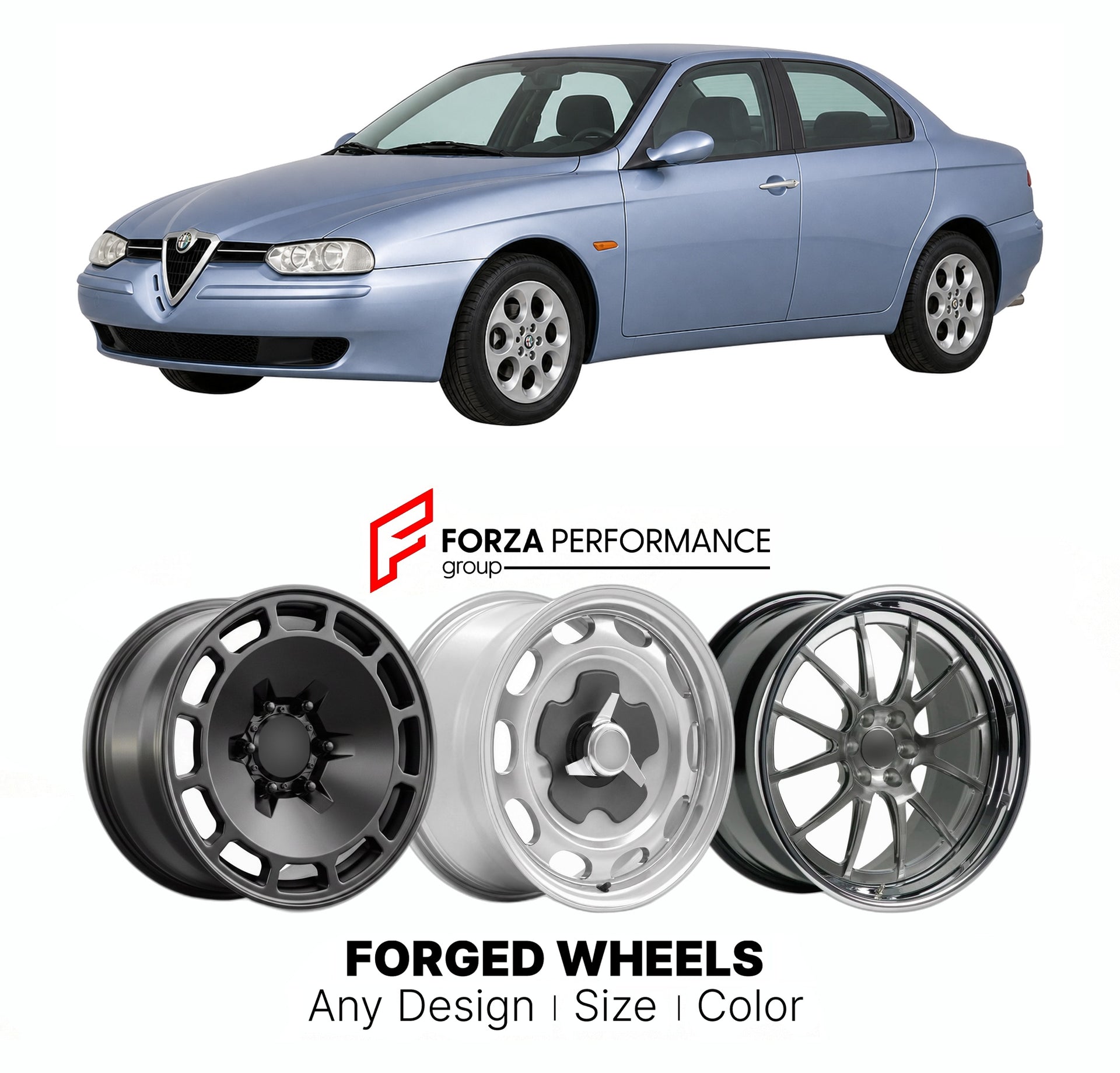 CUSTOM CLASSIC VINTAGE RESTOMOD RETRO OLD SCHOOL FORGED WHEELS RIMS for ALFA ROMEO 156 1997 - 2007

Custom forged wheels for Alfa Romeo 156 1997 - 2007. Classic, vintage, restomod wheel designs made to order in custom sizes, offsets, colors and finishes.

We manufacture premium quality forged wheels rims for Alfa Romeo 156 1997 - 2007 in any design, size, color.

THIS WHEEL DESIGN CAN BE CUSTOM-MADE FOR YOUR CAR IN ANY SIZE AND COLOR OPTIONS
Available in monoblock, 2-piece, 3-piece, duoblock, beadlock
3D wh