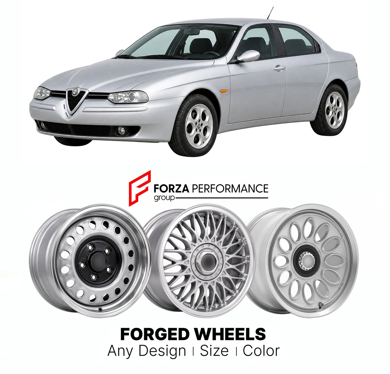 CUSTOM CLASSIC VINTAGE RESTOMOD RETRO OLD SCHOOL FORGED WHEELS RIMS for ALFA ROMEO 156 TIPO 932 1997 - 2007

Custom forged wheels for Alfa Romeo 156 Tipo 932 1997 - 2007. Classic, vintage, restomod wheel designs made to order in custom sizes, offsets, colors and finishes.

We manufacture premium quality forged wheels rims for Alfa Romeo 156 Tipo 932 1997 - 2007 in any design, size, color.

THIS WHEEL DESIGN CAN BE CUSTOM-MADE FOR YOUR CAR IN ANY SIZE AND COLOR OPTIONS
Available in monoblock, 2-piece, 3-piec